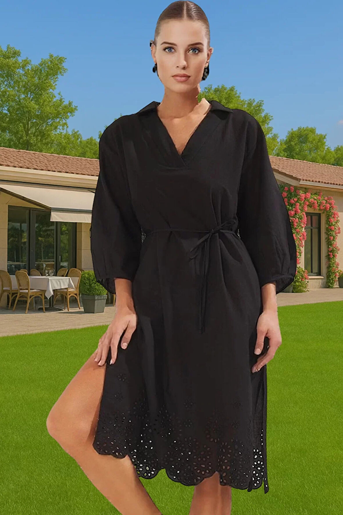 Kadın Günlük Plaj Elbisesi Pamuklu Brode Midi Elbise V Yaka Şık Görünüm Profesyonel Görünüm