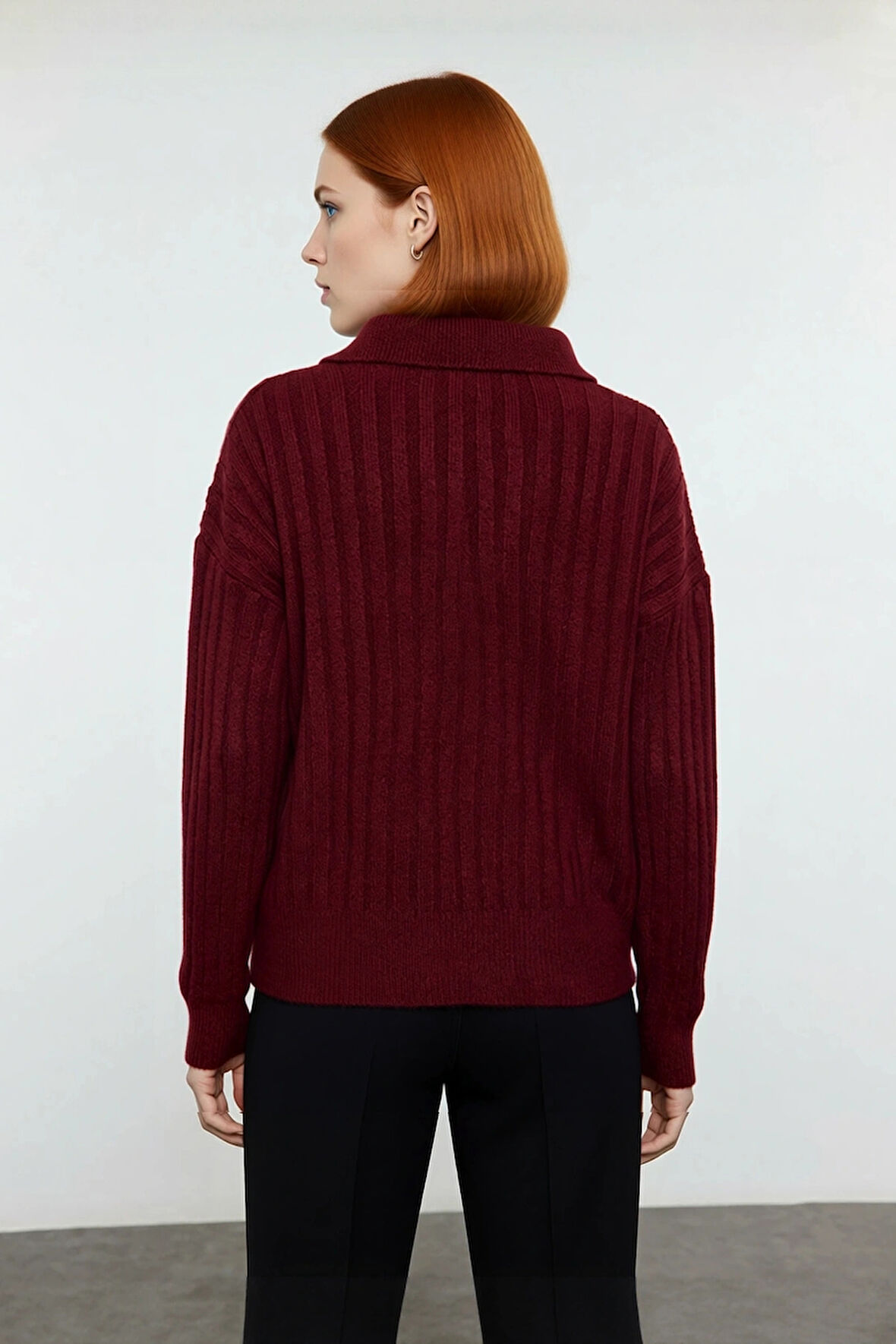 Modern Kadın Oversize Polo Yaka Triko Kazak Rahat Düşük Kol Fitilli Dokusuyla Kış Gardırobunuzun