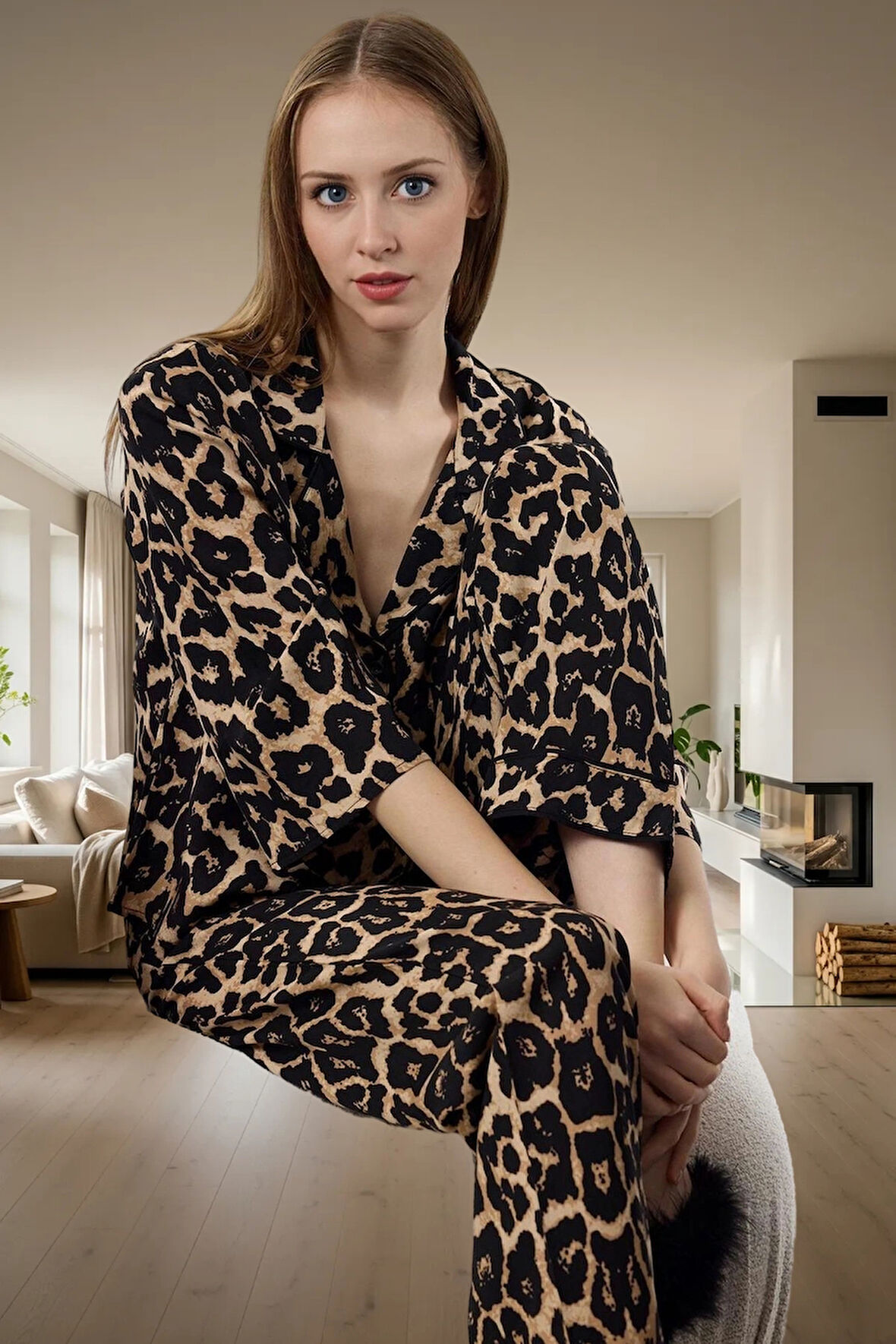 Ev Giyim Pijama Takımı Viskon Shally Dokuma Kışlık Modern Stil Özel Tasarım