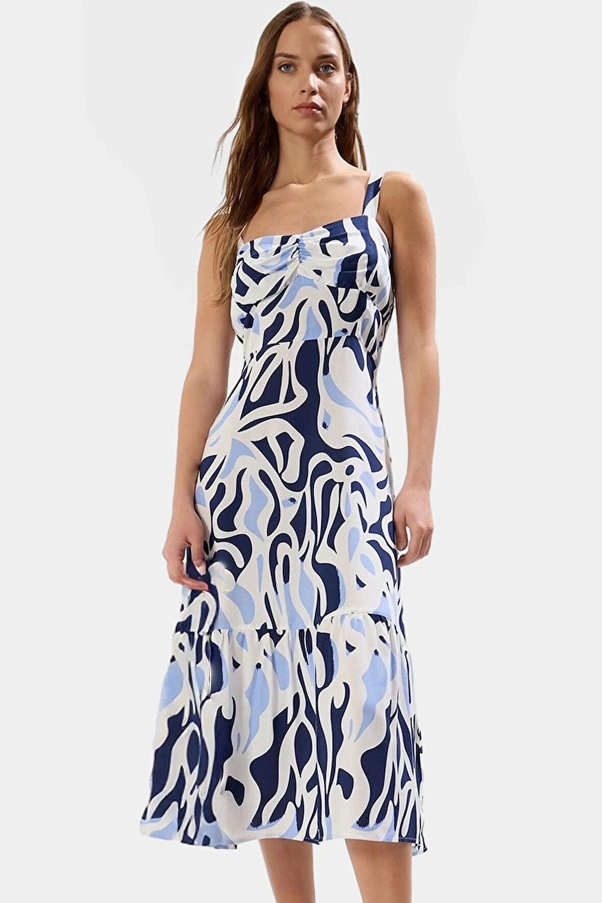 Yazlık Midi Elbise Viskoz Geometrik Desen Kare Yaka Skater Kalıp Konforlu Kesim Modern Stil