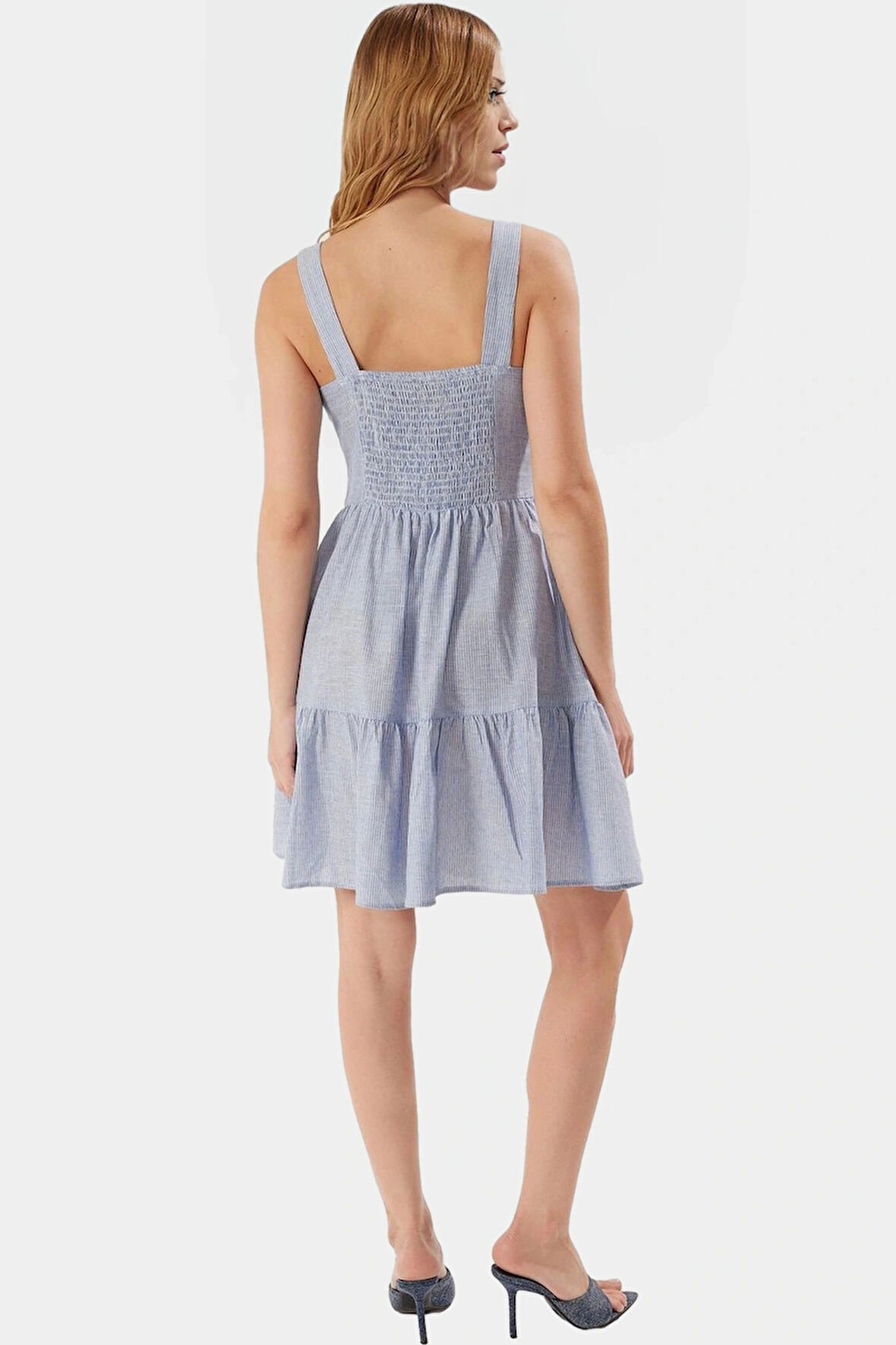 Gofre Dokuma Kare Yaka Mini Elbise Belden Pamuklu Yazlık Rahat Kullanım Uzun Ömürlü