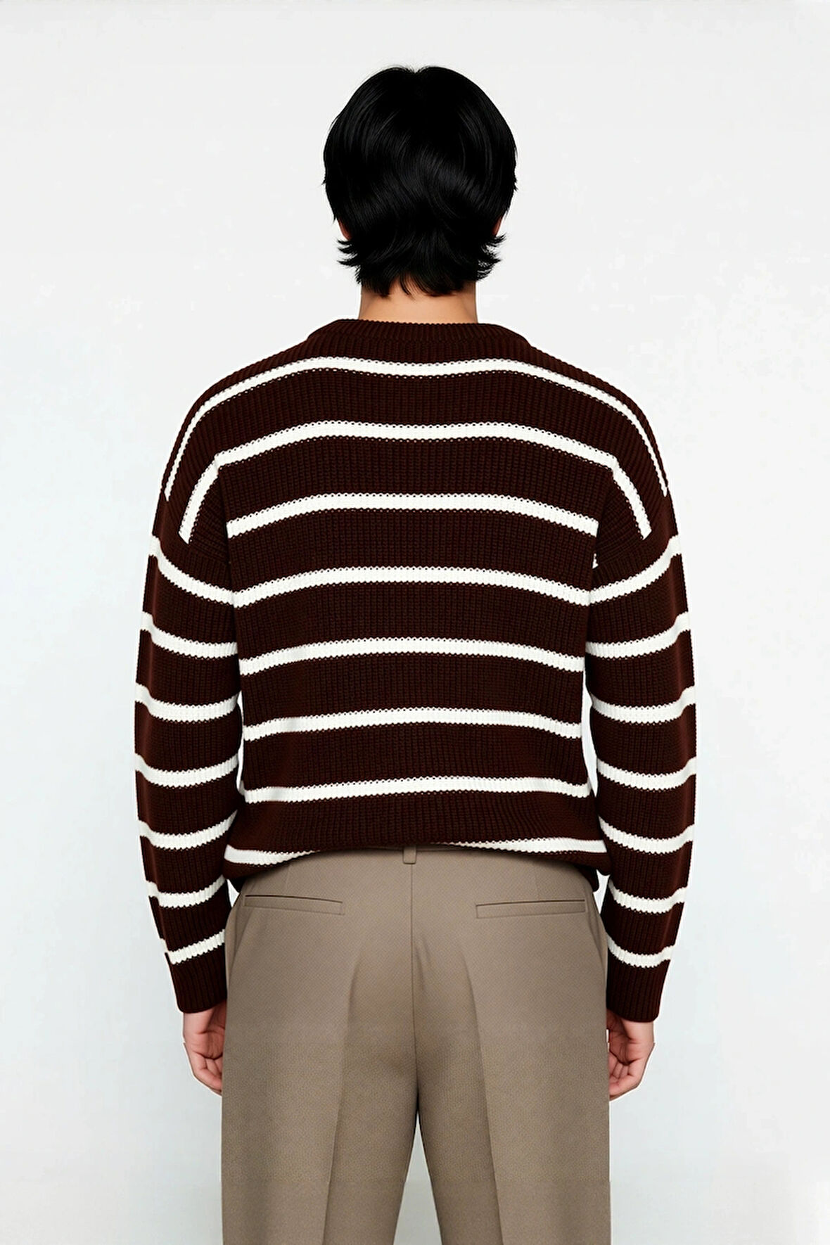 Casual Erkek Kalın Triko Dokulu Bisiklet Yaka Çizgili Oversize Selanik Kışlık Kazak Modeli