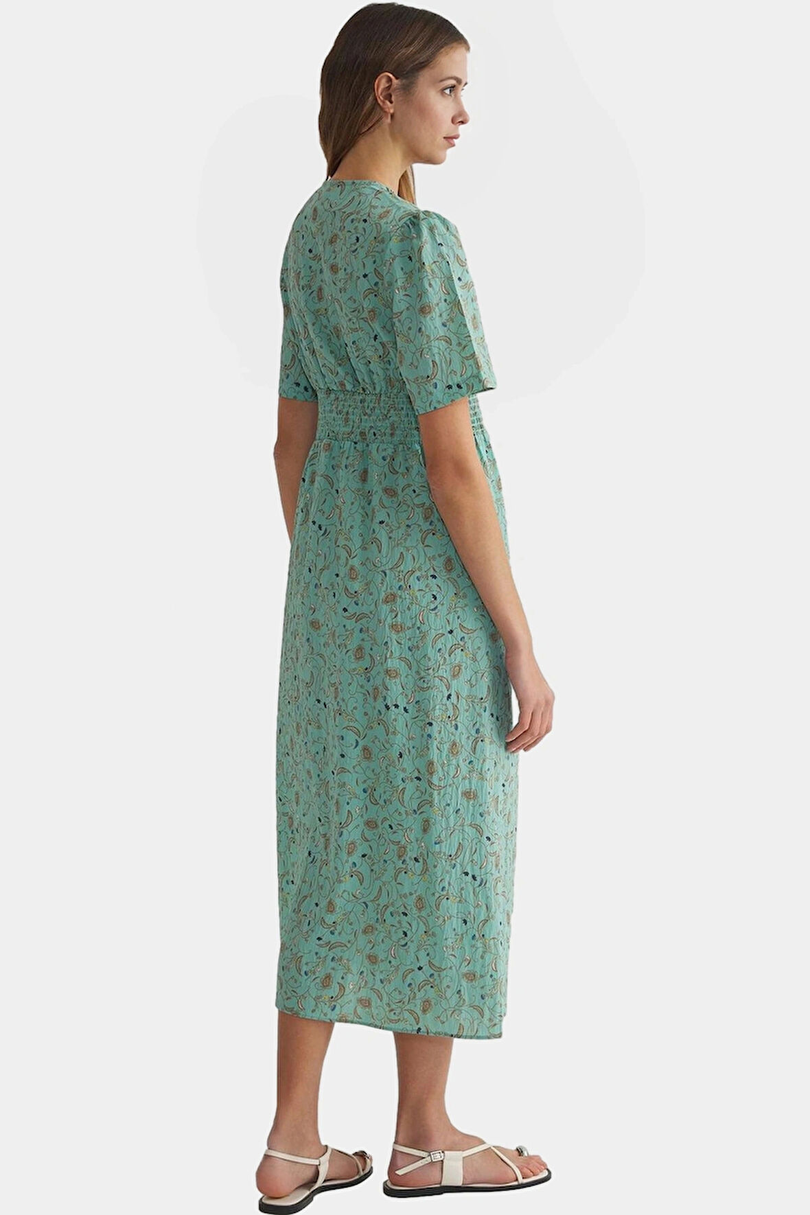 Polyester Dokuma Midi Elbise A line Kesim Çiçek Desenli Gipeli Detay Premium Kalite