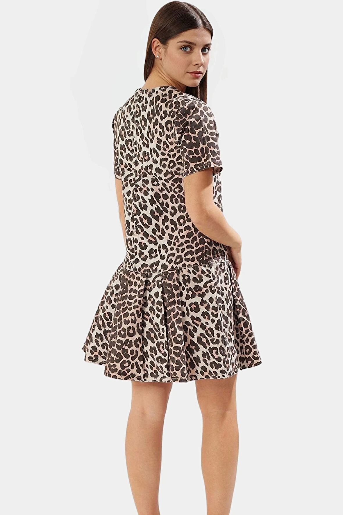 Pamuk Denim Mini Elbise Leopar Desenli Fırfırlı Etek Kısa Kollu Bodycon Zarifane Tasarım