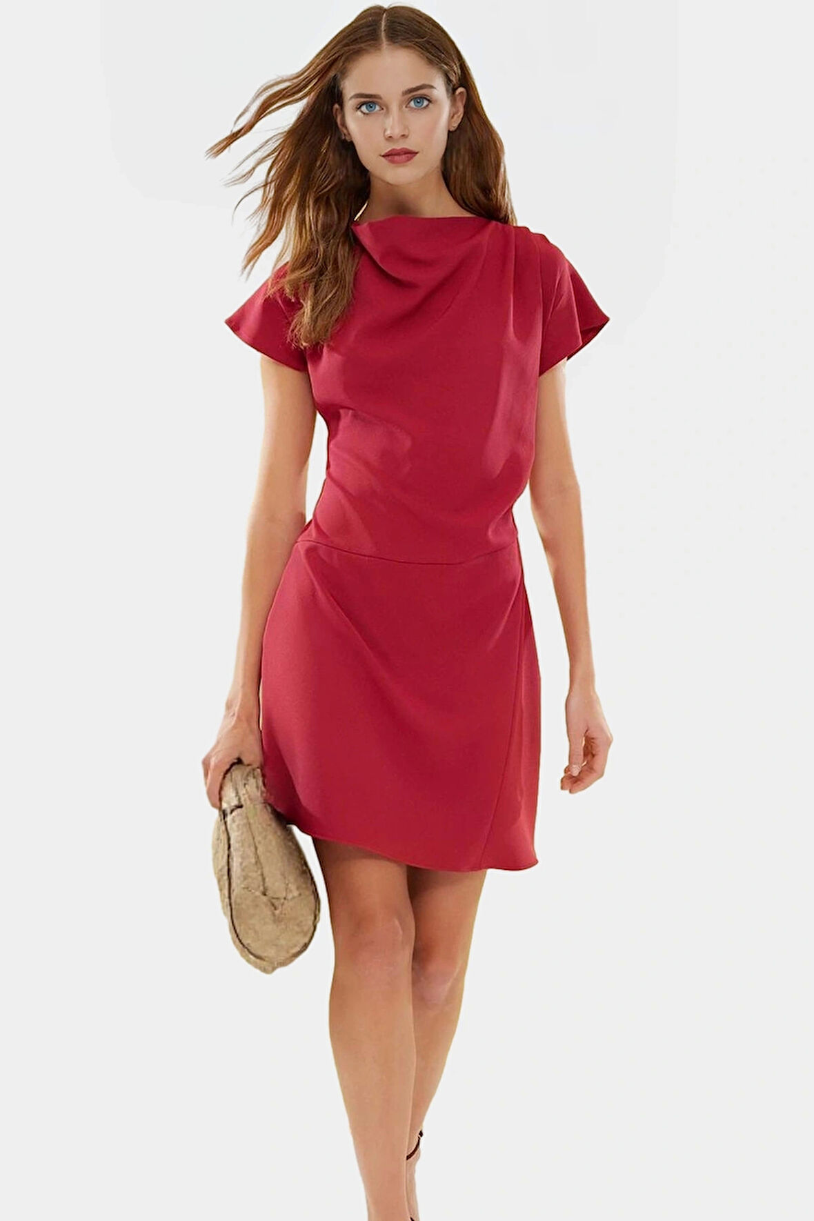 Dokuma Polyester Mini Elbise A Kesim Degaje Yaka Yazlık Şık Özel Tasarım Görünüm