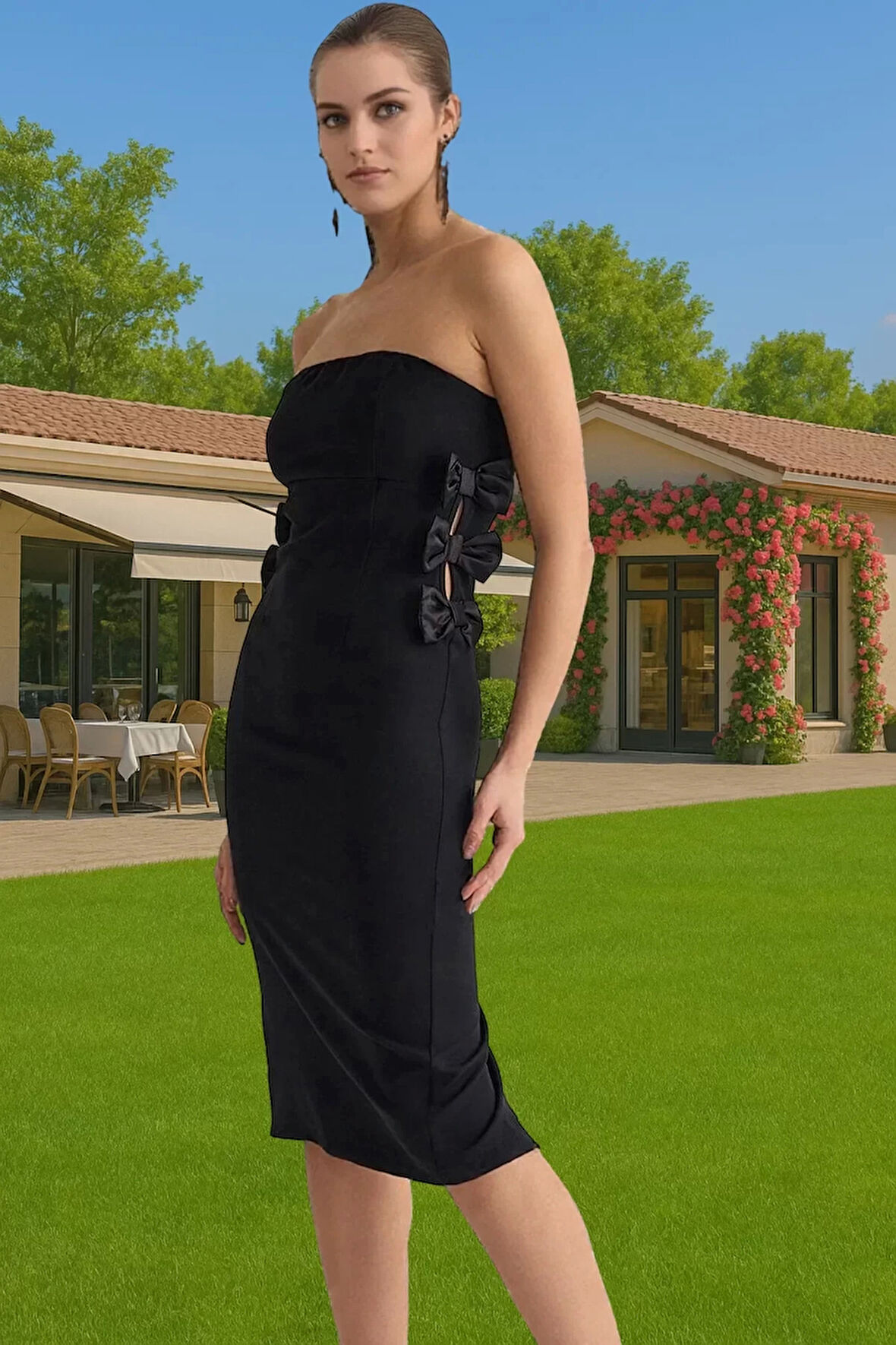 Feminen Midi Boy Straplez Abiye Elbise Konforlu Kesim Kaliteli İşçilik Şık Görünüm Kaliteli İşçilik