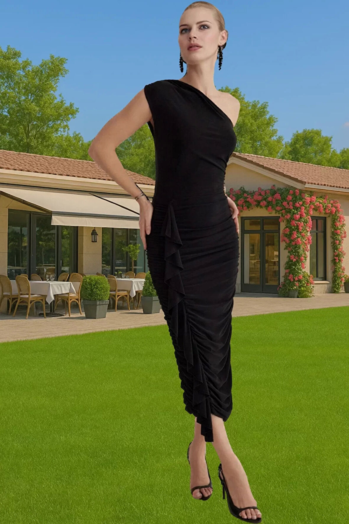 Vücudu Saran Tek Omuzlu Polyester Abiye Elbise Mezuniyet Balo Kaliteli İşçilik Konforlu Kesim