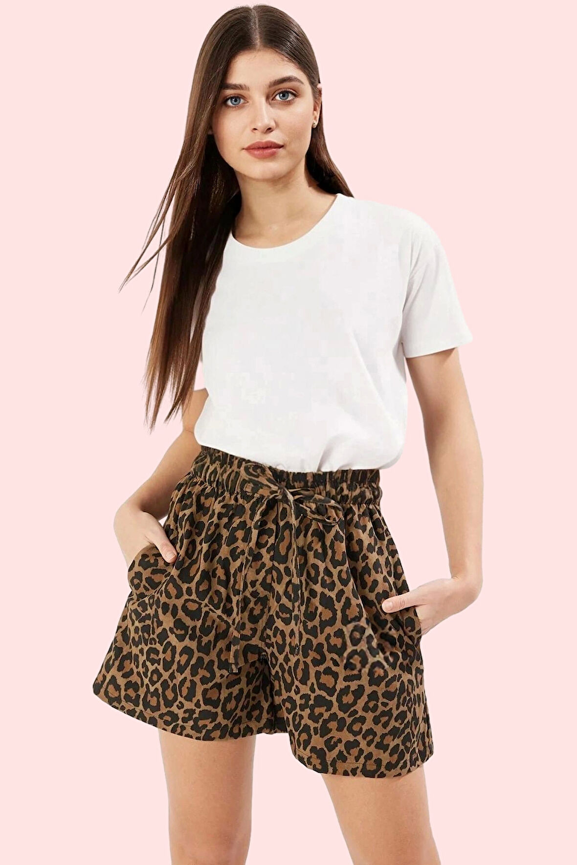 Kadın Gabardin Kumaş Normal Bel Şort Çok Leopar Desen Straight Siluet Günlük Kullanım Hafta Sonu