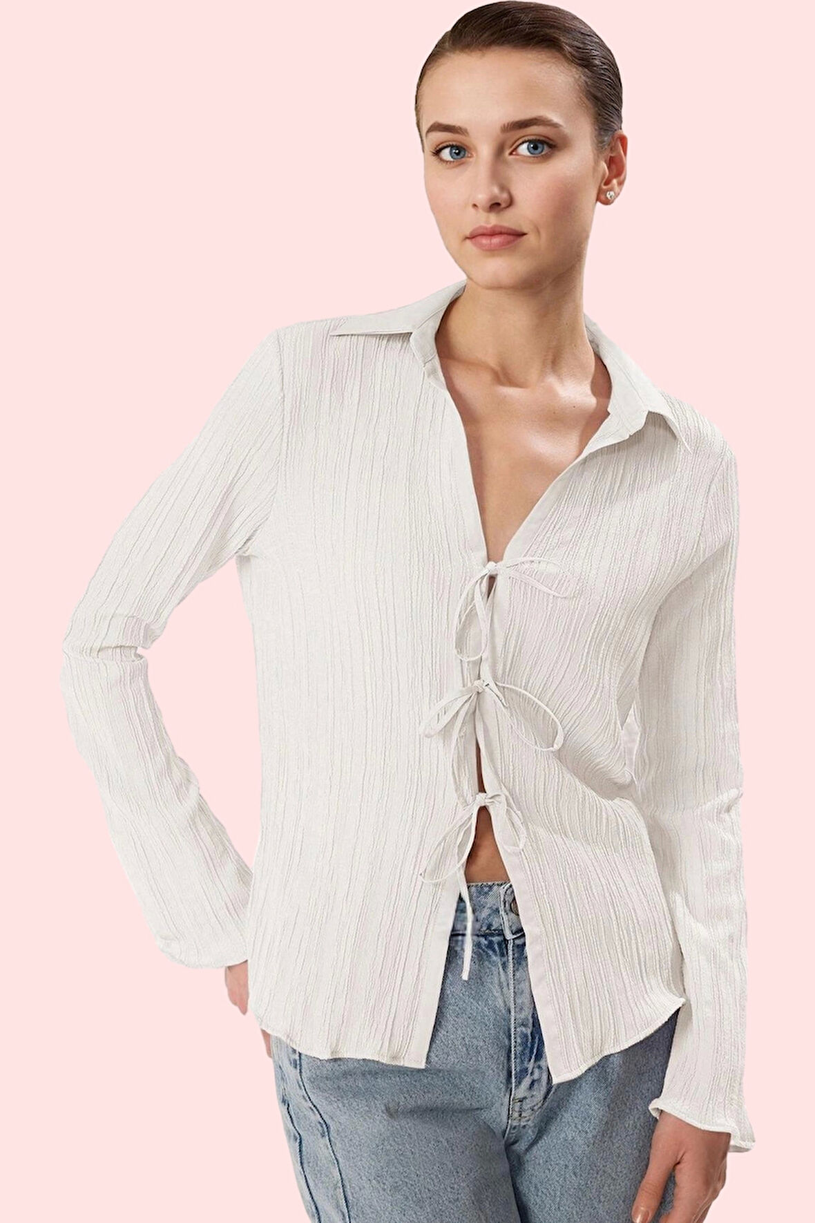 Kadın Basic Fitted Gömlek Renk Uzun Kollu Önden Bağlama Detayı ile Şık Yaz Aylarının Vazgeçilmezi
