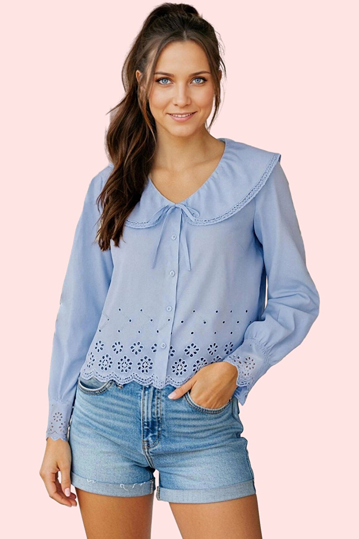 Kadın Dokuma Gömlek Regular Kalıp Bebe Yaka Uzun Kollu Terrycotton Kumaş Dayanıklı Malzeme