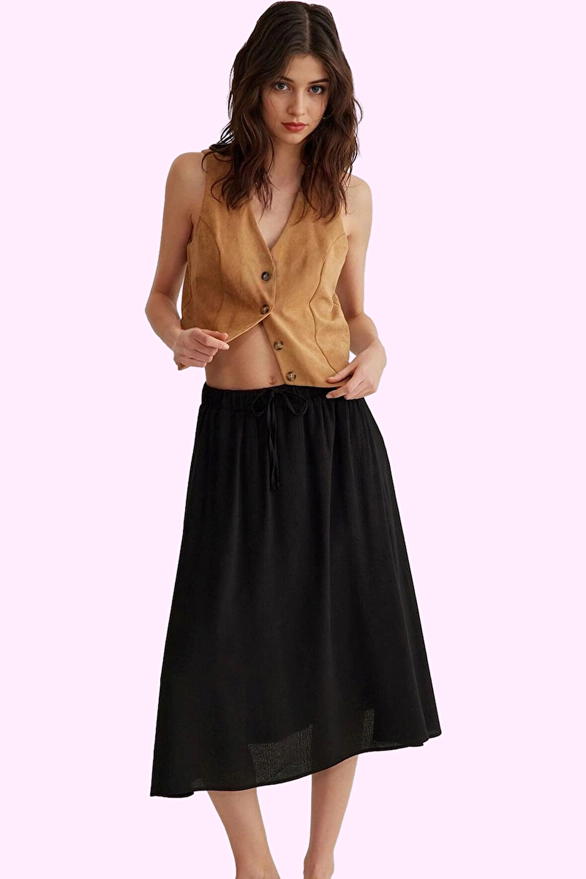 Kadın Yazlık Günlük Midi Kloş Etek Viskoz Polyester Crinkle Dokuma Yaz Aylarının Vazgeçilmezi