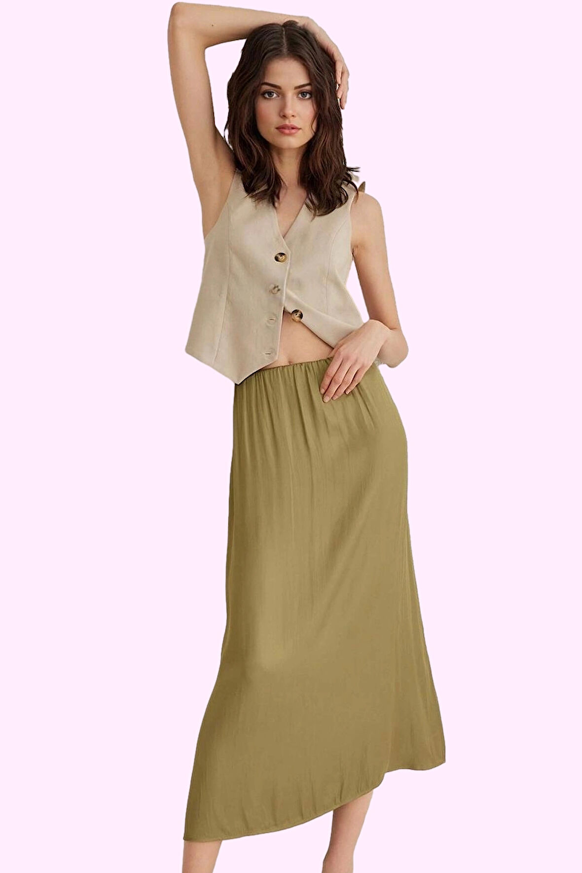 Kadın Saten Midi Etek A line Kesim Günlük Kombinler İçin Hafta Sonu Yaz Aylarının Vazgeçilmezi