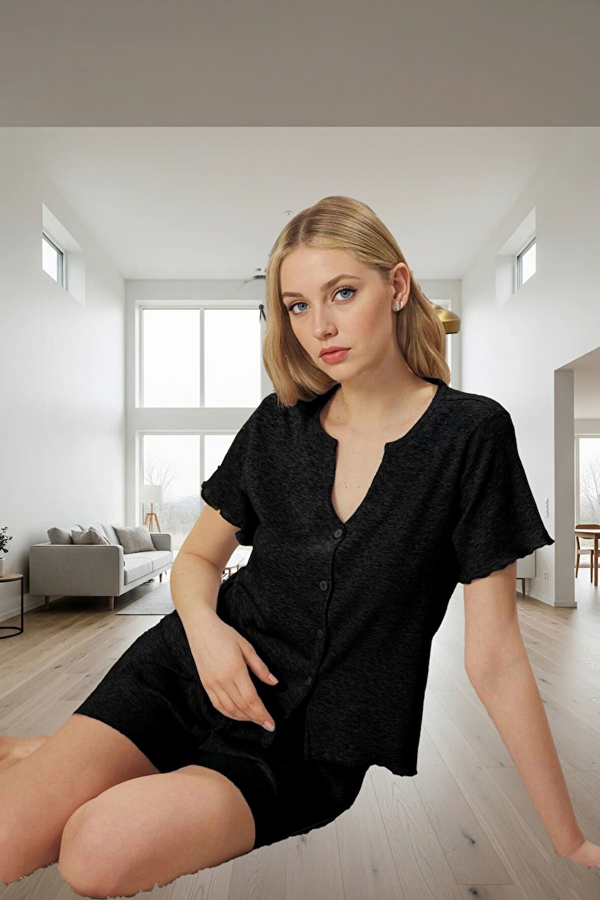 Örme Kumaştan Rahat Pijama Takımı Düğmeli Gömlek ve Boru Paça Şort Profesyonel Görünüm