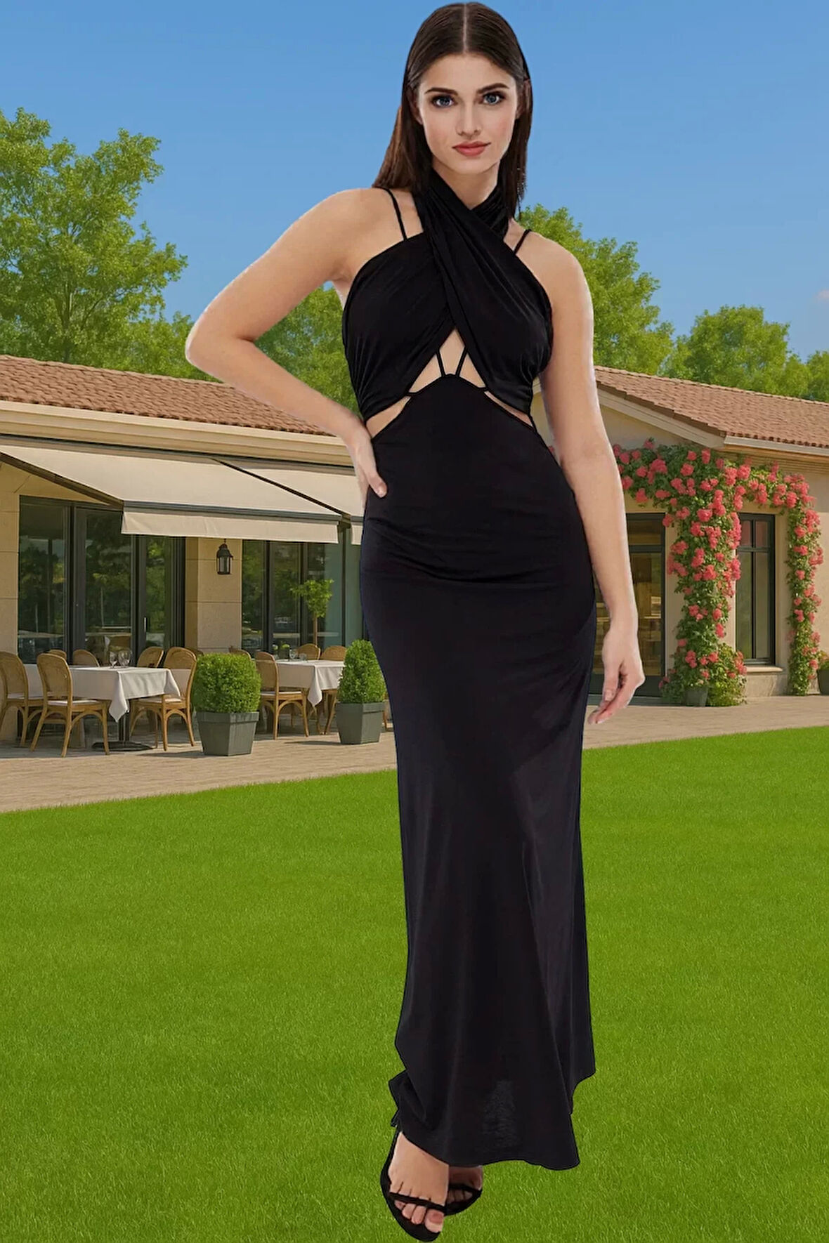 Midi Boy Örme Abiye Elbise Cut Out Detaylı Polyester Yazlık Elbise Özel Tasarım Profesyonel Görünüm