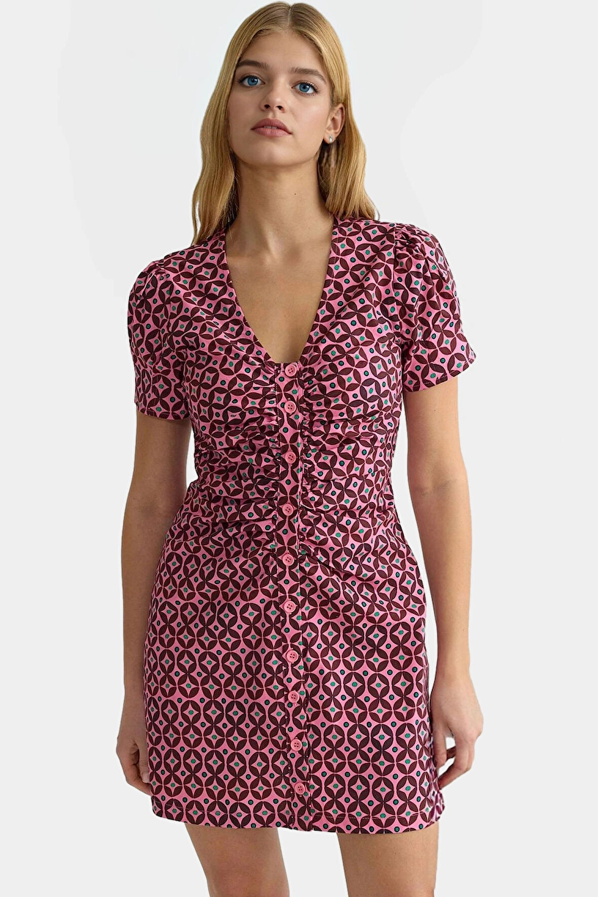 Yazlık Casual Retro Desenli Mini Gömlek Elbise Polyester Dokuma Günlük Kullanım İçin