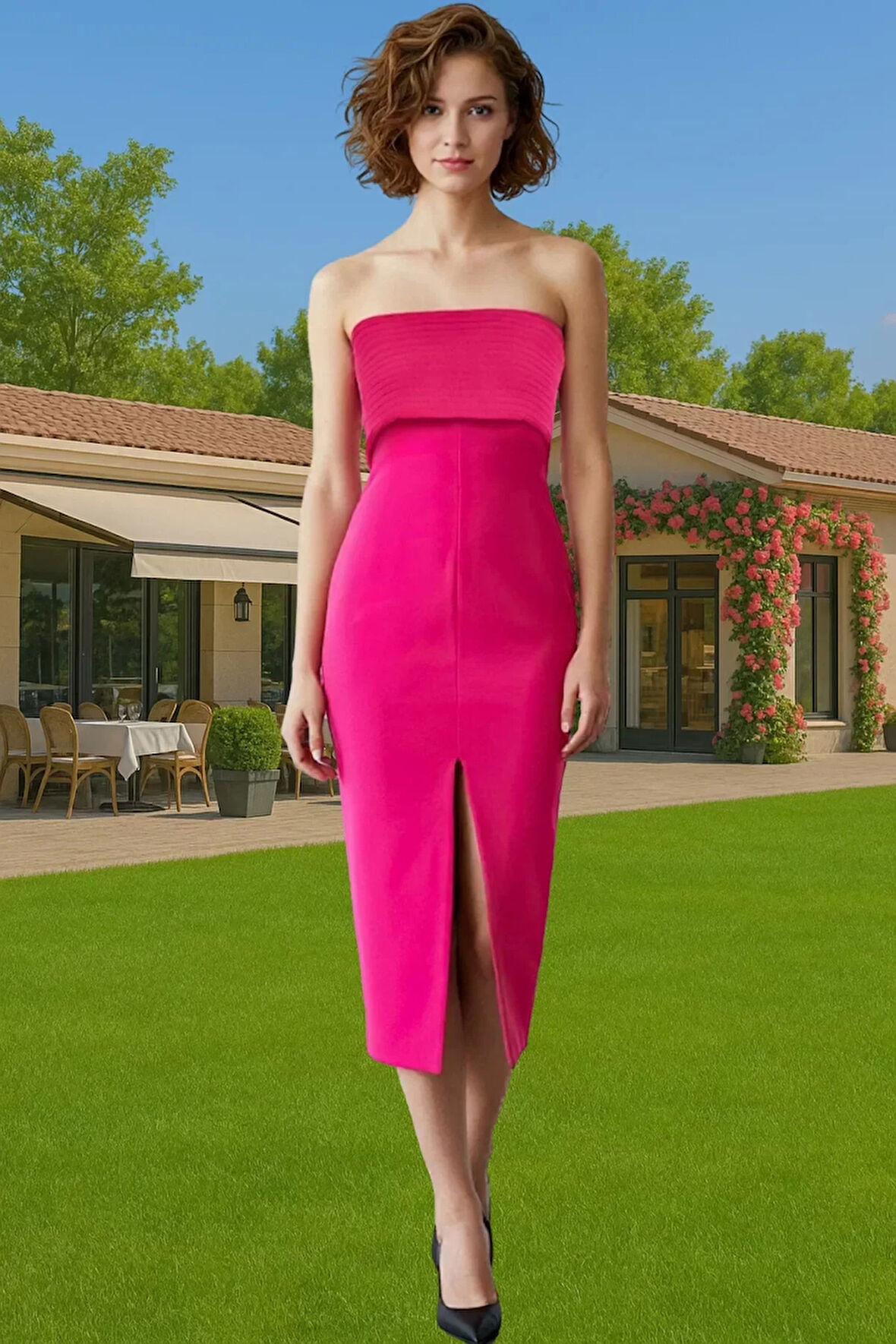 Bodycon Midi Abiye Elbise Polyester Elastan Karışımlı Dokuma Kumaş Konforlu Kesim Özel Tasarım