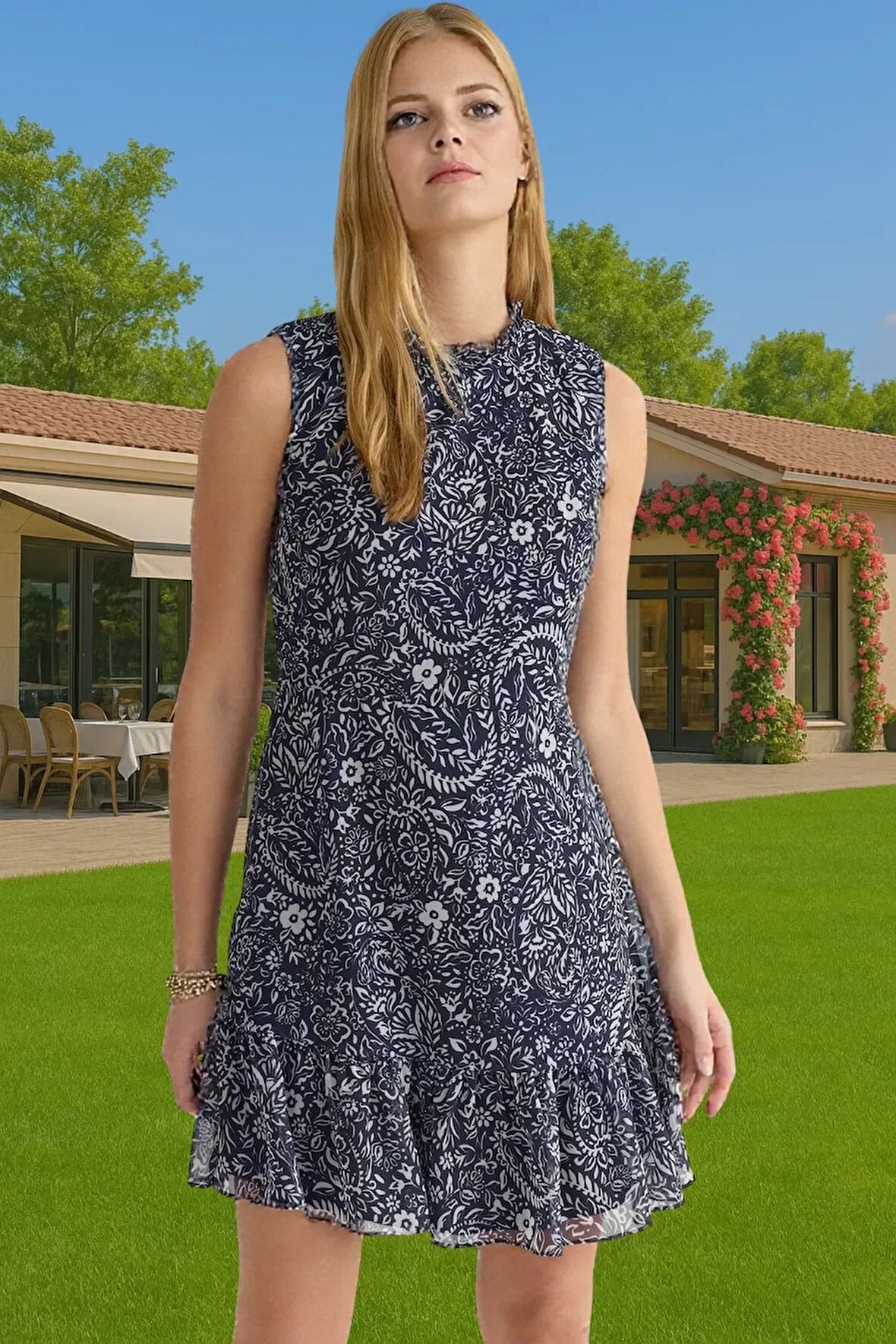 A Kesim Kolsuz Şifon Mini Elbise Polyester Dokuma Yazlık Profesyonel Görünüm Konforlu Kesim