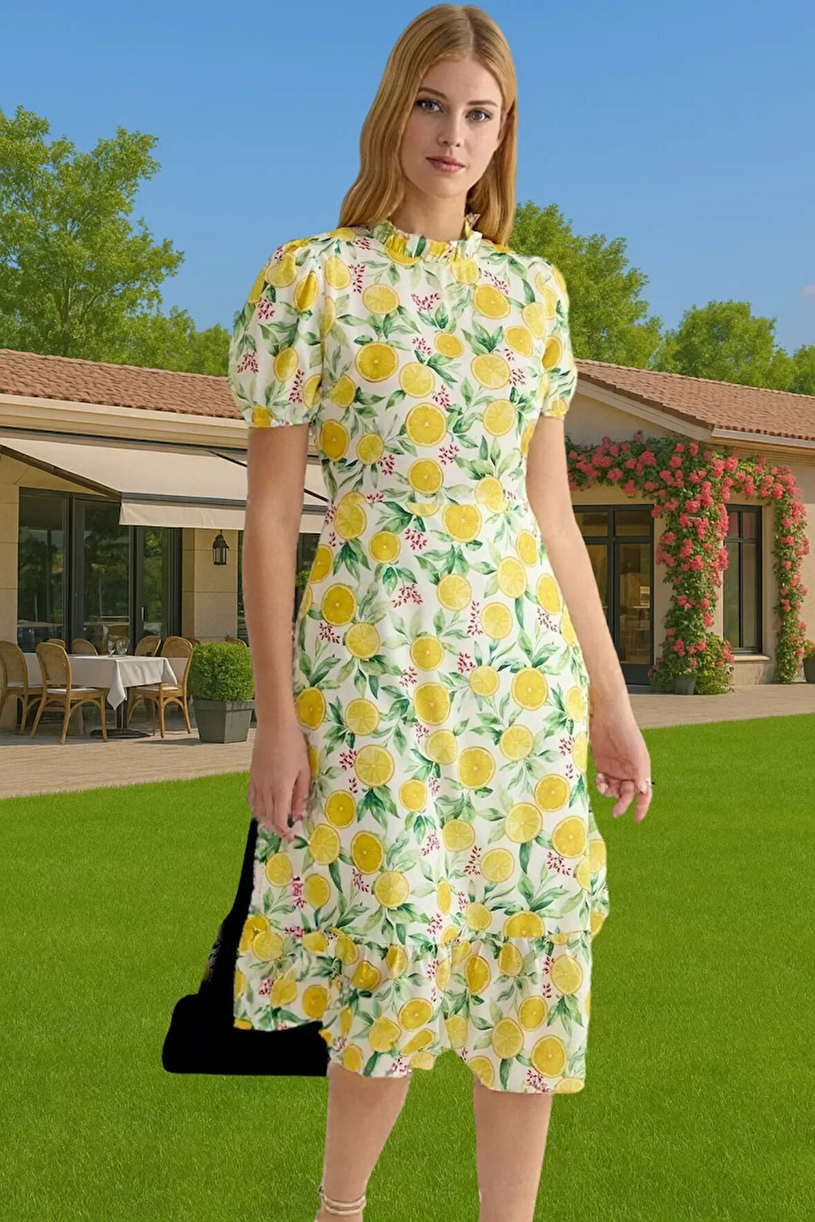 Feminen A Kesim Çiçekli Midi Elbise Polyester Dokuma Kısa Balon Kol Rahat Kullanım Rahat Ve Şık