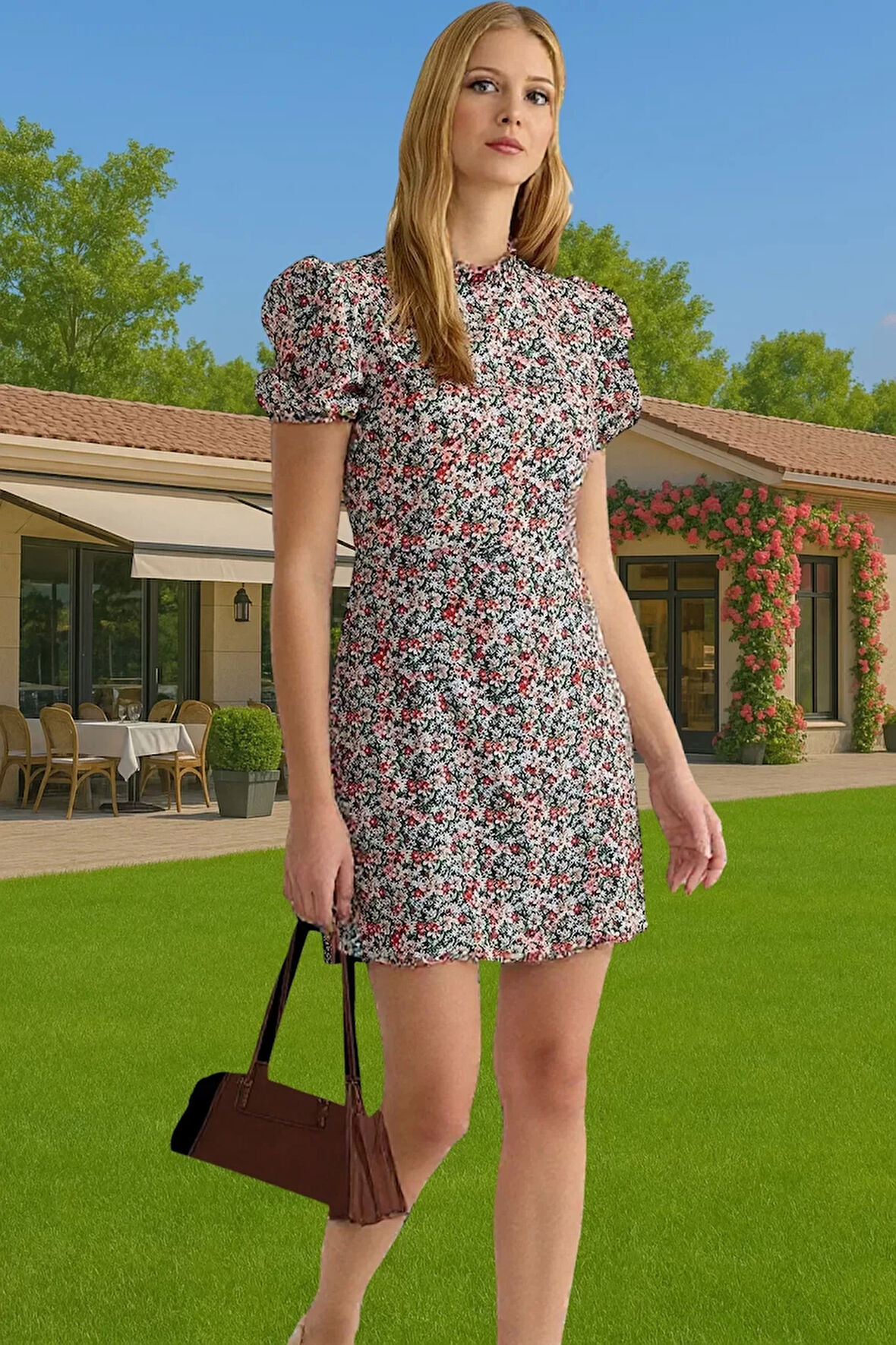 Balon Kollu A Kesim Mini Elbise Polyester Dokuma Çiçekli Yazlık Mükemmel Uyum Trend Tasarım