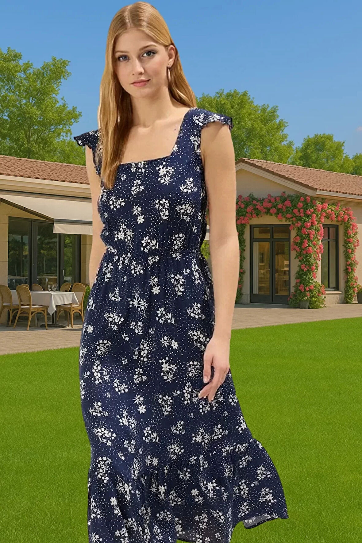 Feminen Çiçekli Desenli Viskoz Midi Elbise Kolsuz Kare Yaka Trend Tasarım Rahat Ve Şık Yüksek Kalite