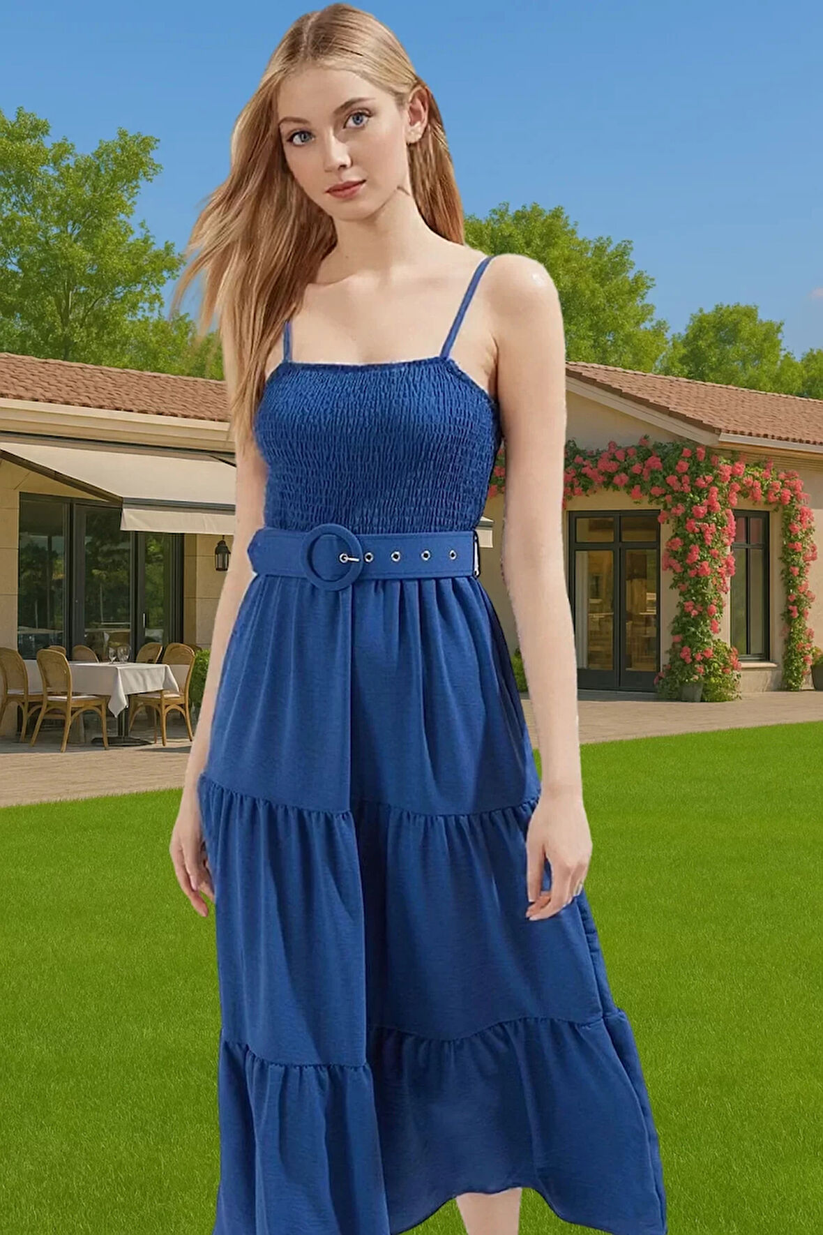 Kadın Askılı Bel Kemerli Midi Polyester Dokuma Elbise Rahat Günlük Stil Rahat Ve Şık Mükemmel Uyum