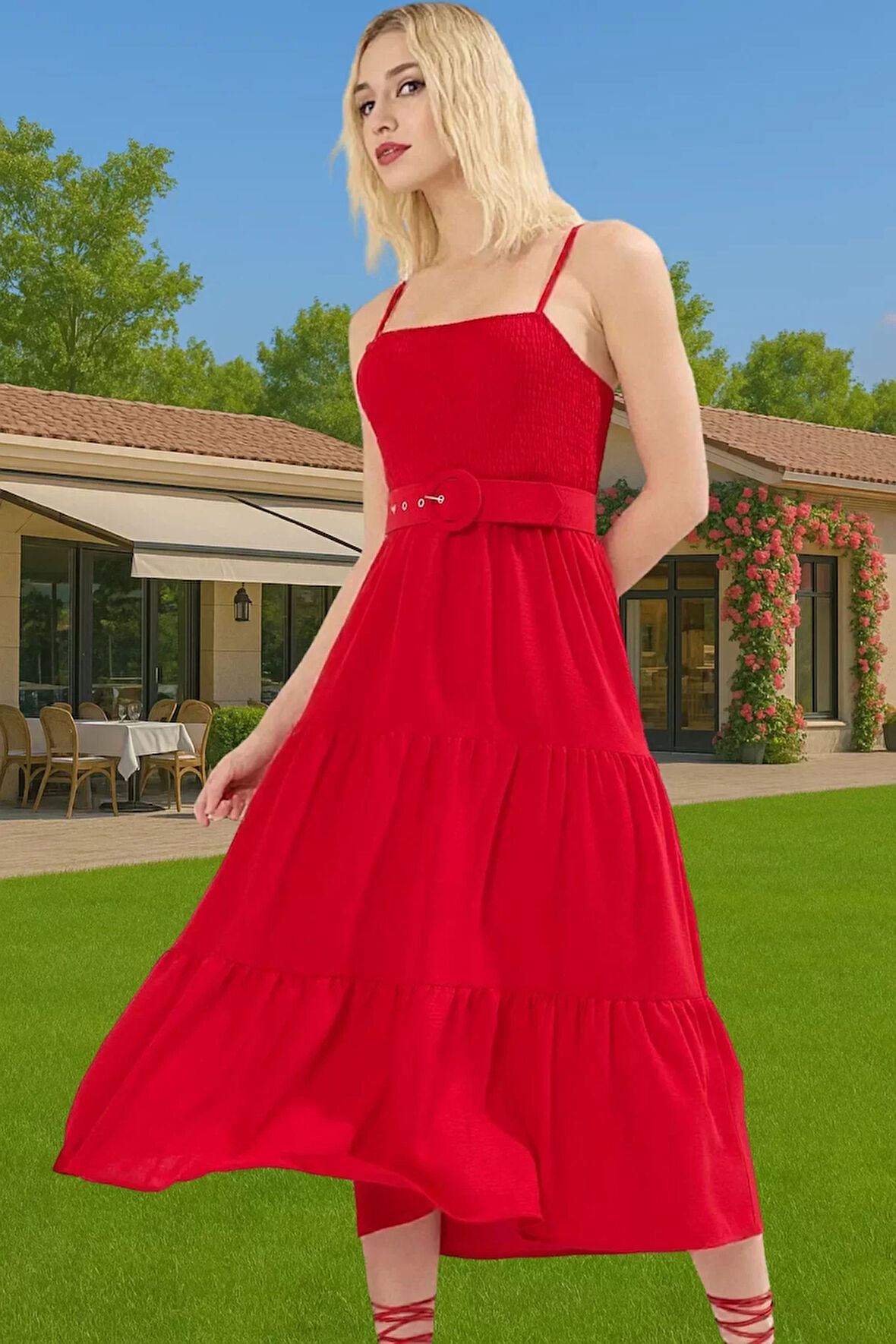 Kadın Askılı Bel Kemerli Midi Polyester Dokuma Elbise Rahat Günlük Stil Rahat Ve Şık Mükemmel Uyum