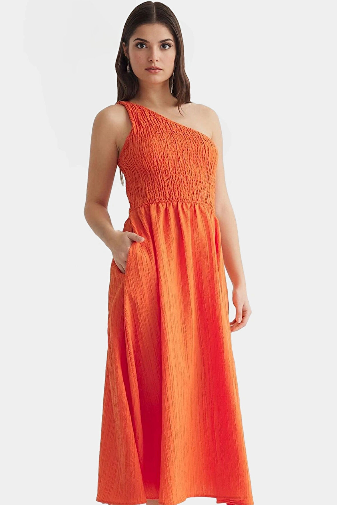 Şık ve Rahat Yazlık Midi Elbise Tek Omuz Polyester Kaliteli İşçilik Zarifane Tasarım