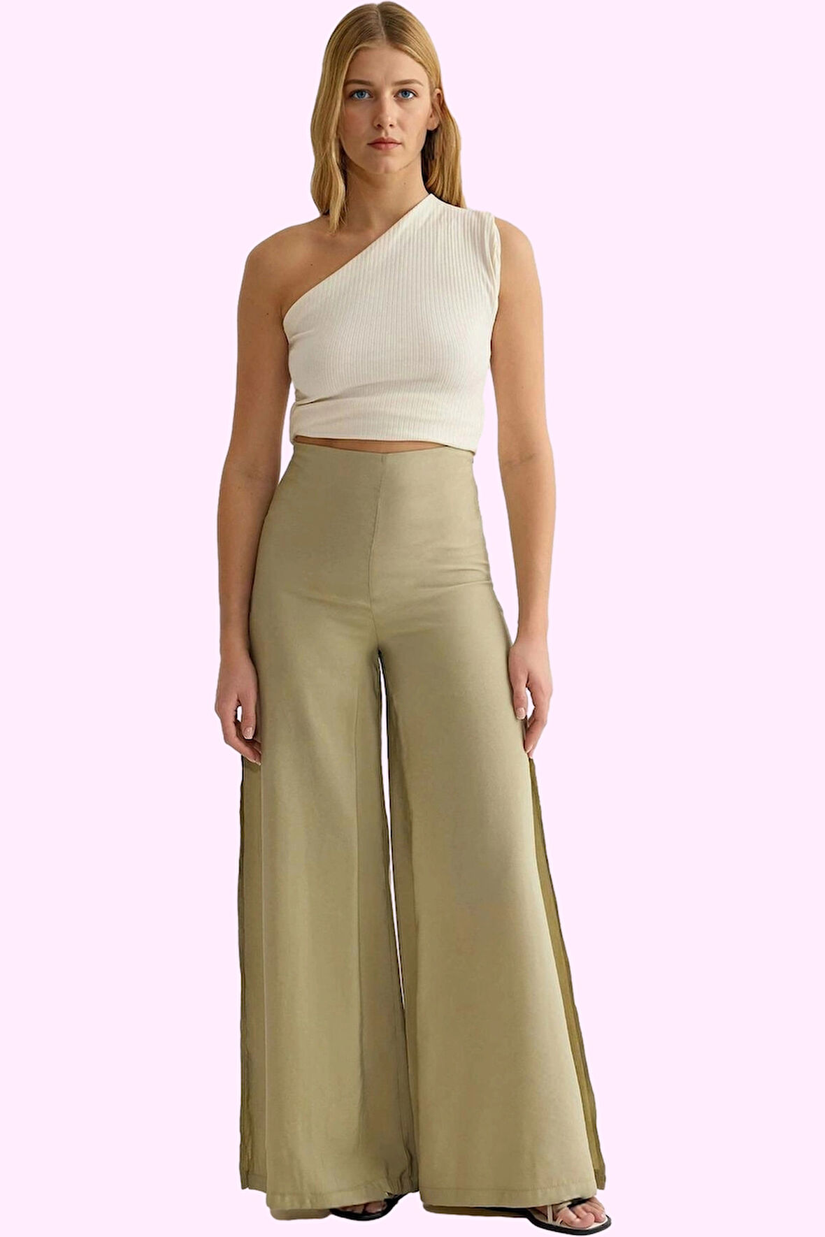 Kadın Viskoz Karışımlı Yüksek Bel Palazzo Pantolon Geniş Paça Günlük Stil Kaliteli Malzeme