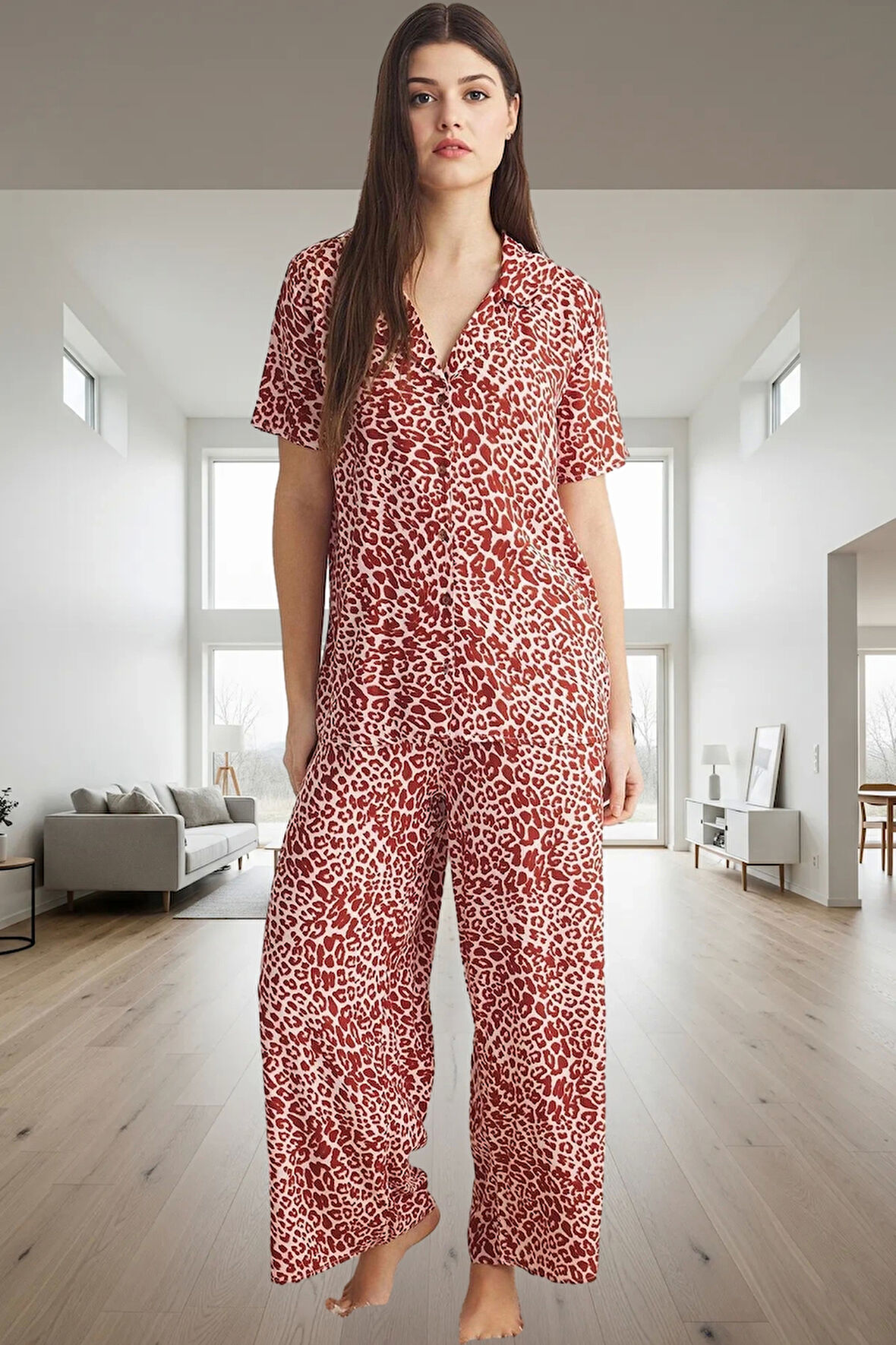 100% Viskoz Leopar Desenli Regular Kalıp Pijama Takımı Yaz Konforu Uzun Ömürlü Şık Görünüm