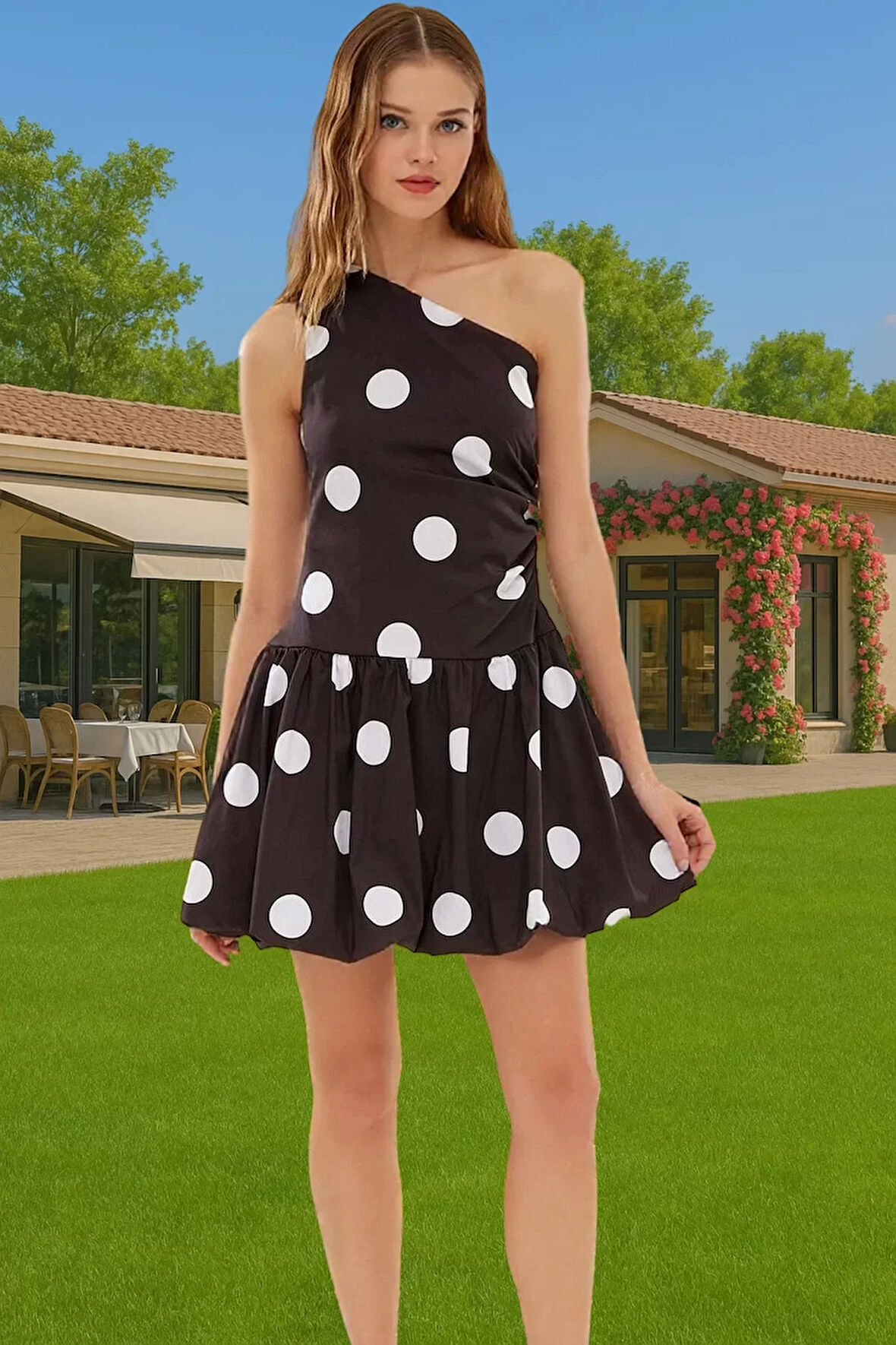 Yazlık Mini Elbise Poplin Kumaş Asimetrik Yaka Balo Elbisesi Profesyonel Görünüm Trend Tasarım