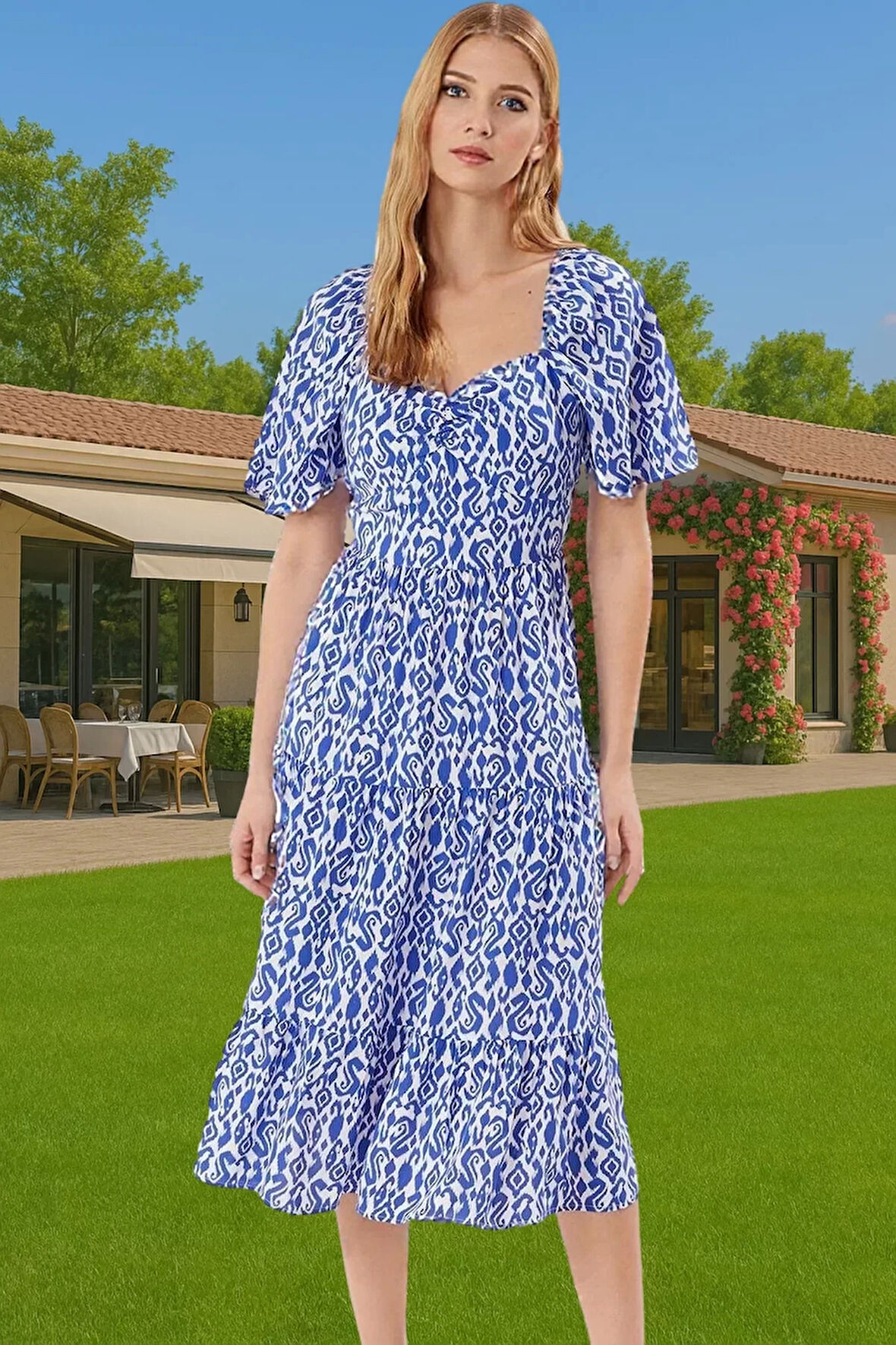 Rahat A Kesim Balon Kollu Midi Viskoz Elbise Kaliteli İşçilik Dayanıklı Malzeme Uzun Ömürlü