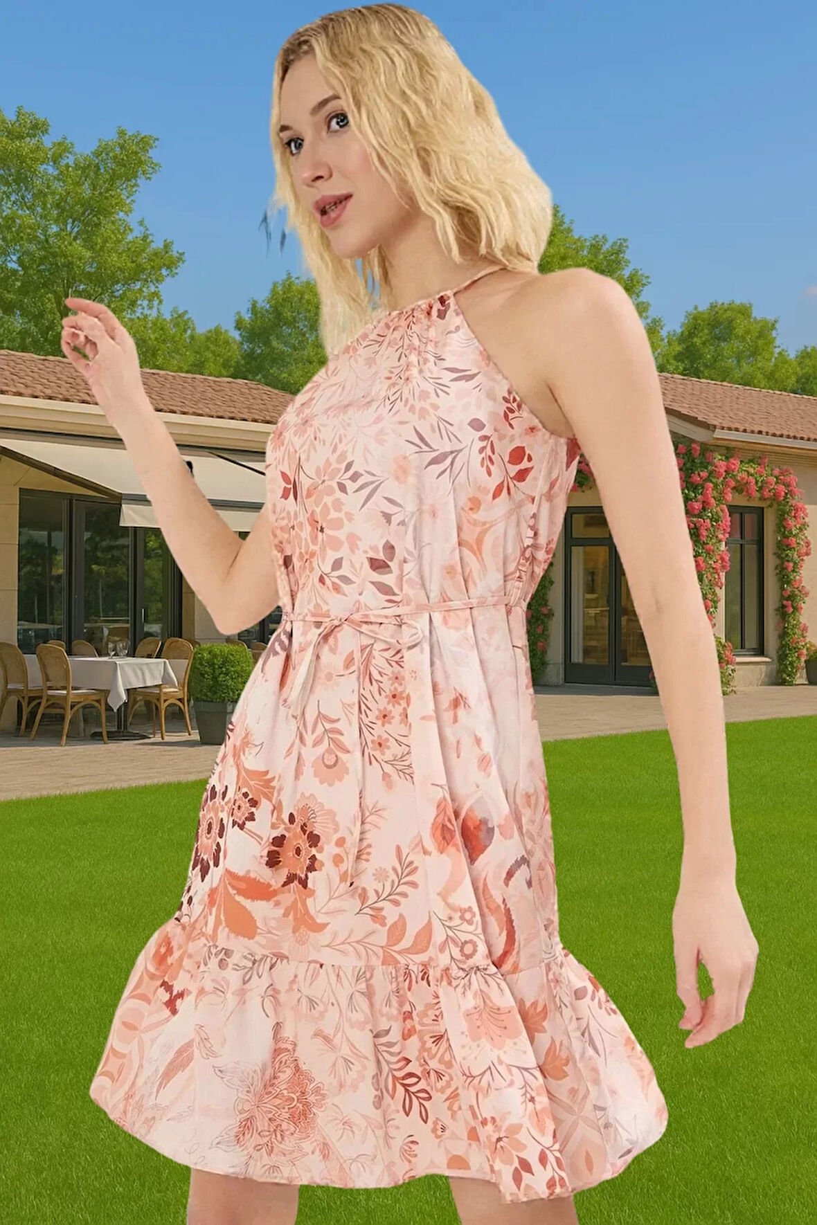 Astarlı Polyester Şifon Mini Elbise Kuşaklı Çiçekli Desen Halter Yüksek Kalite Seçkin Malzeme