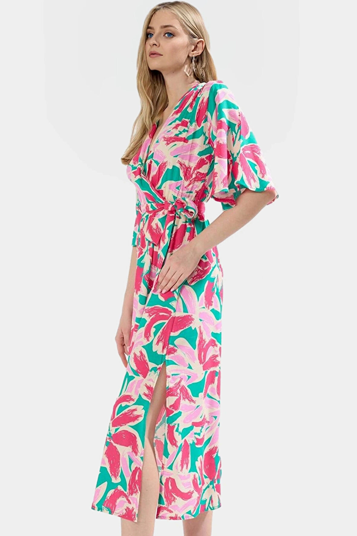 Kruvaze Yaka A Kesim Maxi Elbise  Viskoz Çok Çiçek Desenli Yazlık Mükemmel Uyum