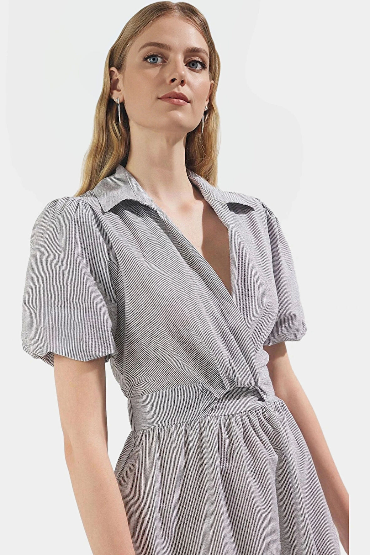 Yazlık Midi Elbise %Pamuk Dokuma Kısa Balon Kollu Çizgili Skater Gömlek Yaka Rahat Ve Şık