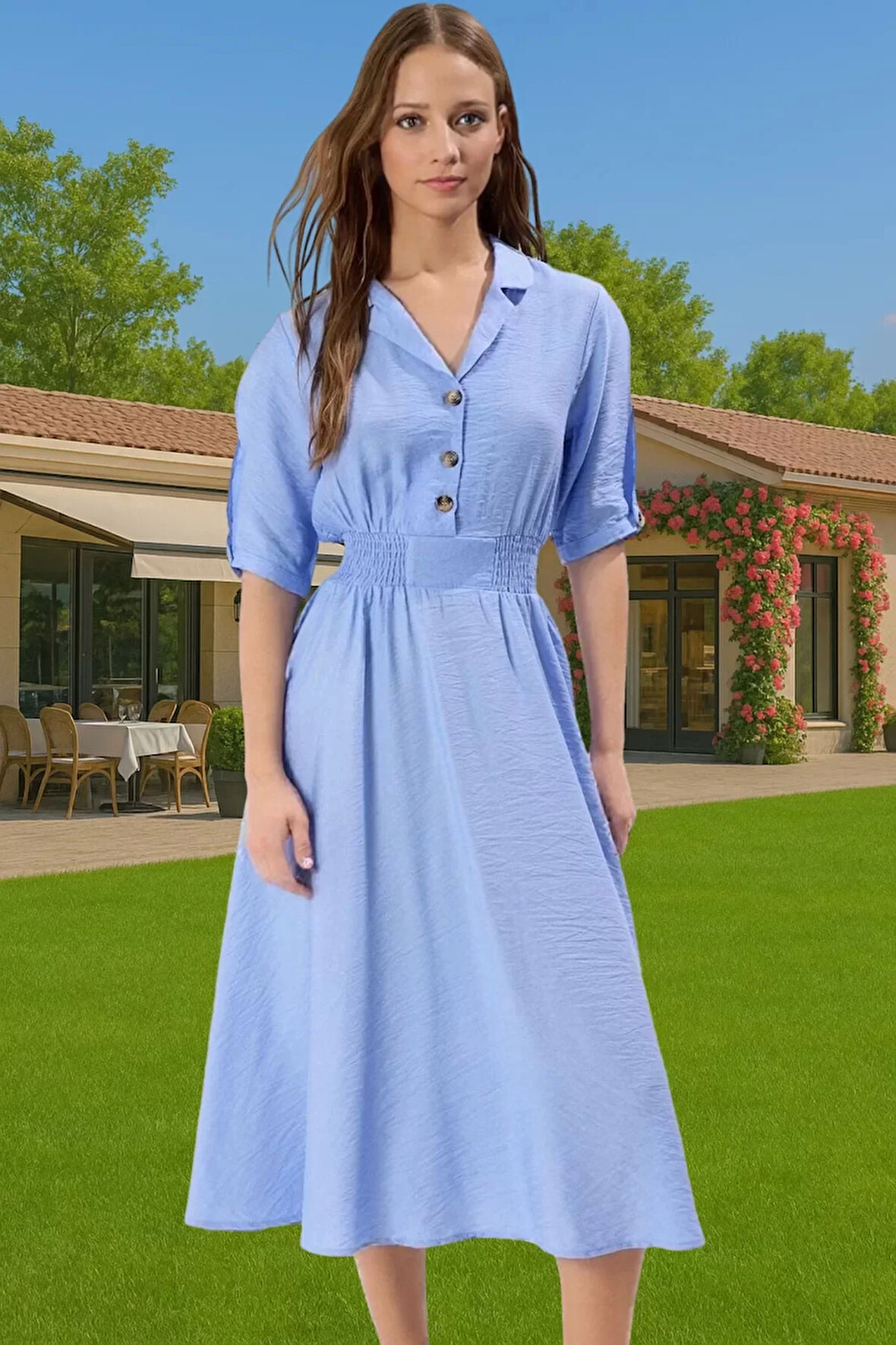 Rahat Dokuma Midi Elbise Gömlek Yaka A Kesim Yazlık Kombin Trend Tasarım Özel Tasarım Mükemmel Uyum