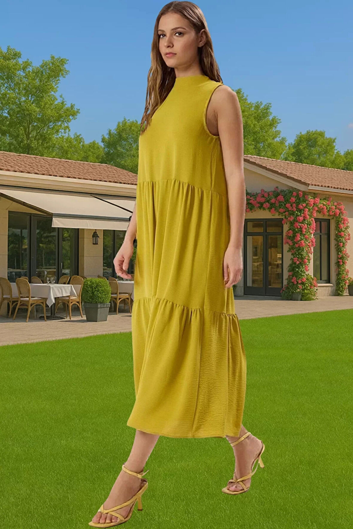 Kadın Yazlık Midi Elbise Nefes Alan Polyester Dokuma Kumaş Rahat Trend Tasarım Modern Stil