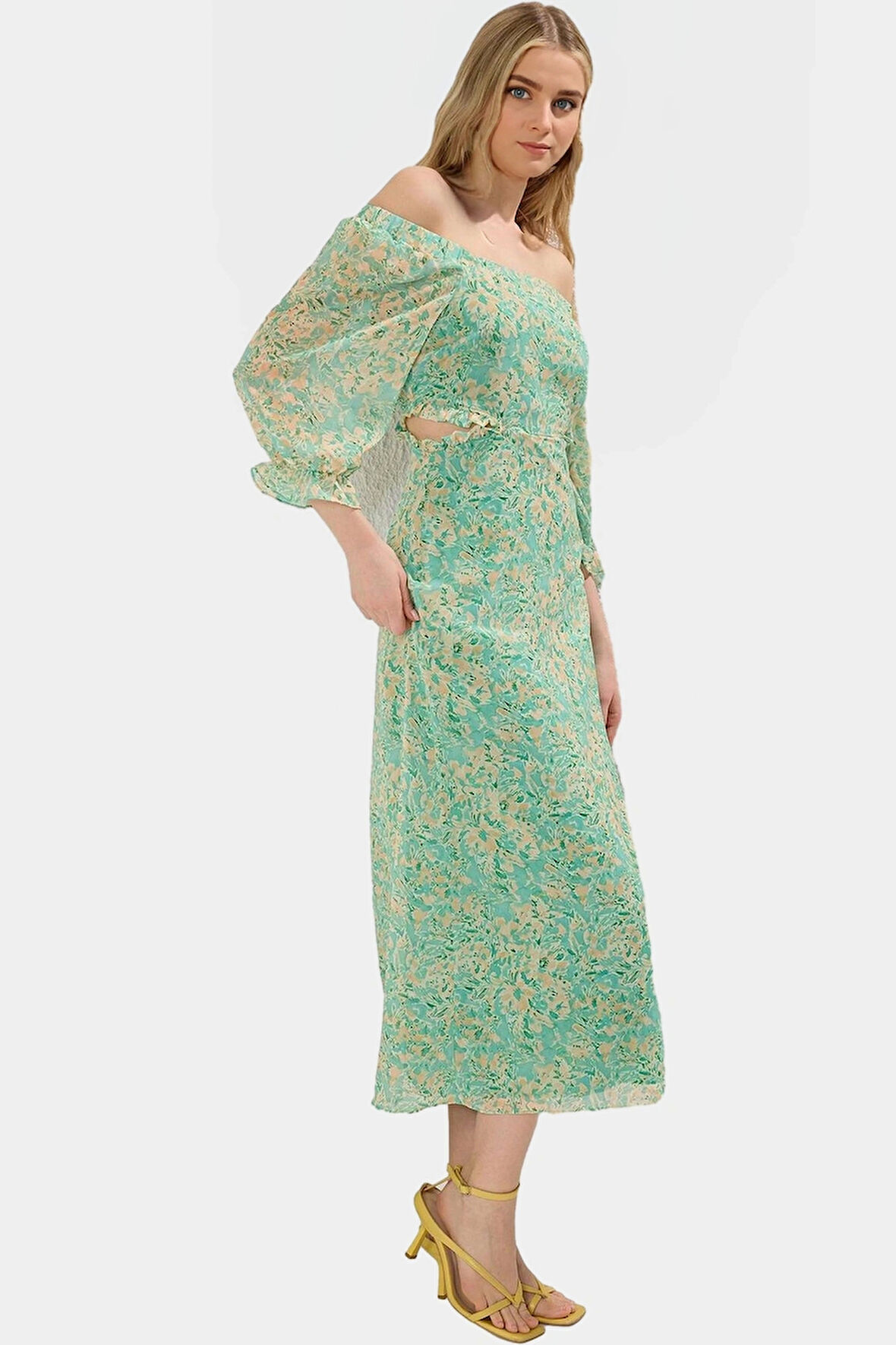 Polyester Şifon Maxi Elbise A line Truvakar Kol Çiçekli Kaliteli İşçilik Seçkin Malzeme