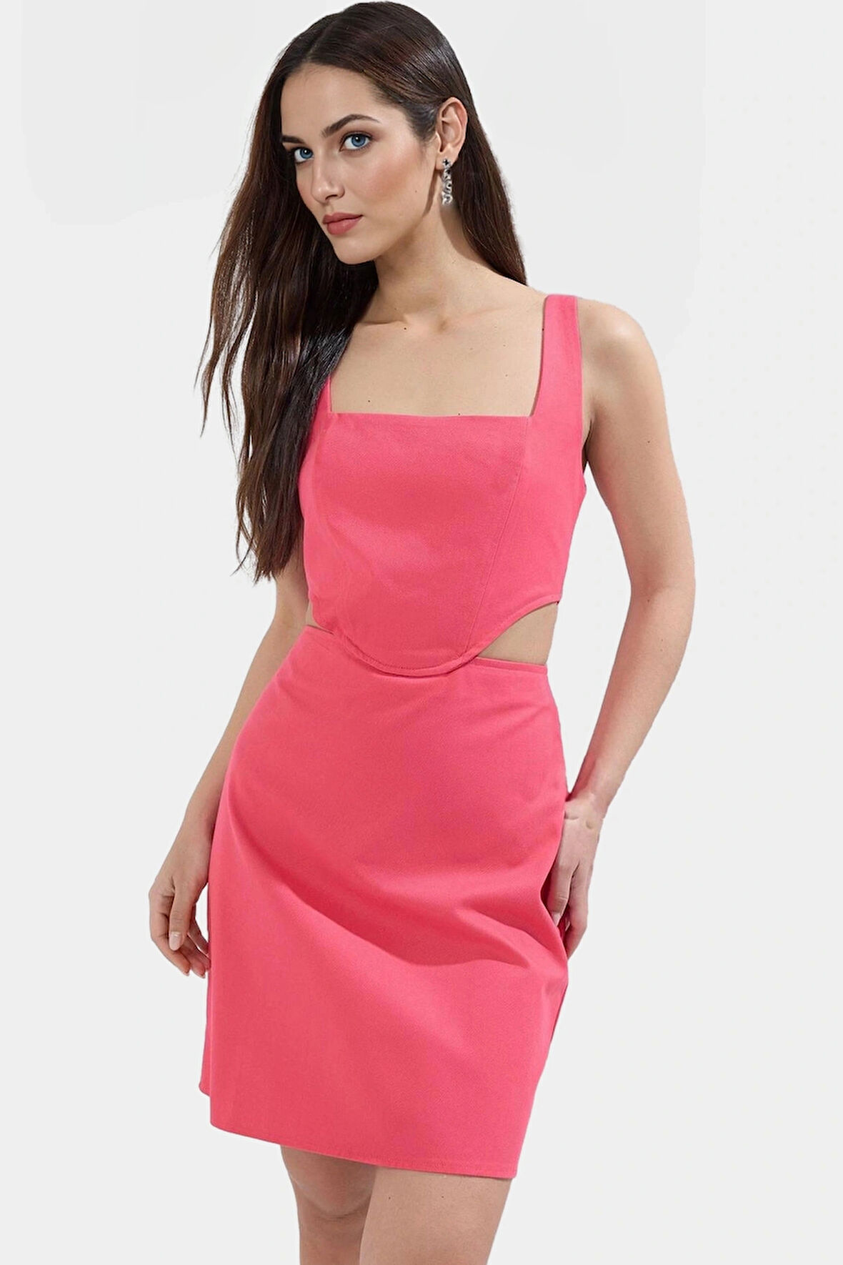 A Line Gabardin Mini Elbise Kolsuz Kare Yaka Cut Out Detay Pamuk Rahat Kullanım