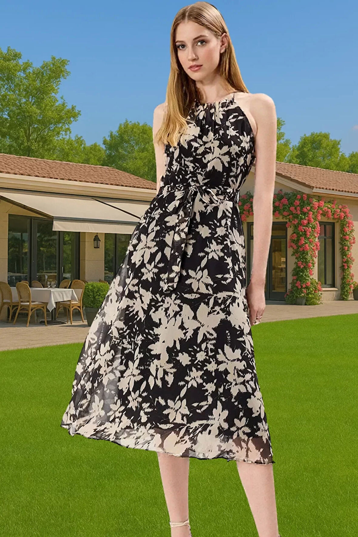 Yazlık Çiçekli A Kesim Bel Kuşaklı Midi Dokuma Elbise Modern Stil Özenle Seçilmiş Seçkin Malzeme