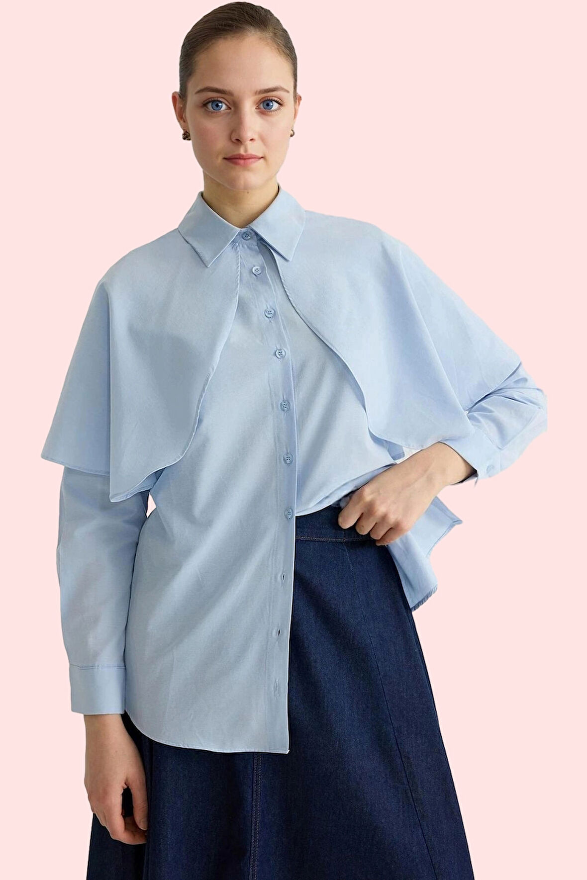 Kadın Pamuk Polyester Basic Gömlek Pelerin Detaylı Uzun Kollu Yaka Şık Günlük Modern Tasarım