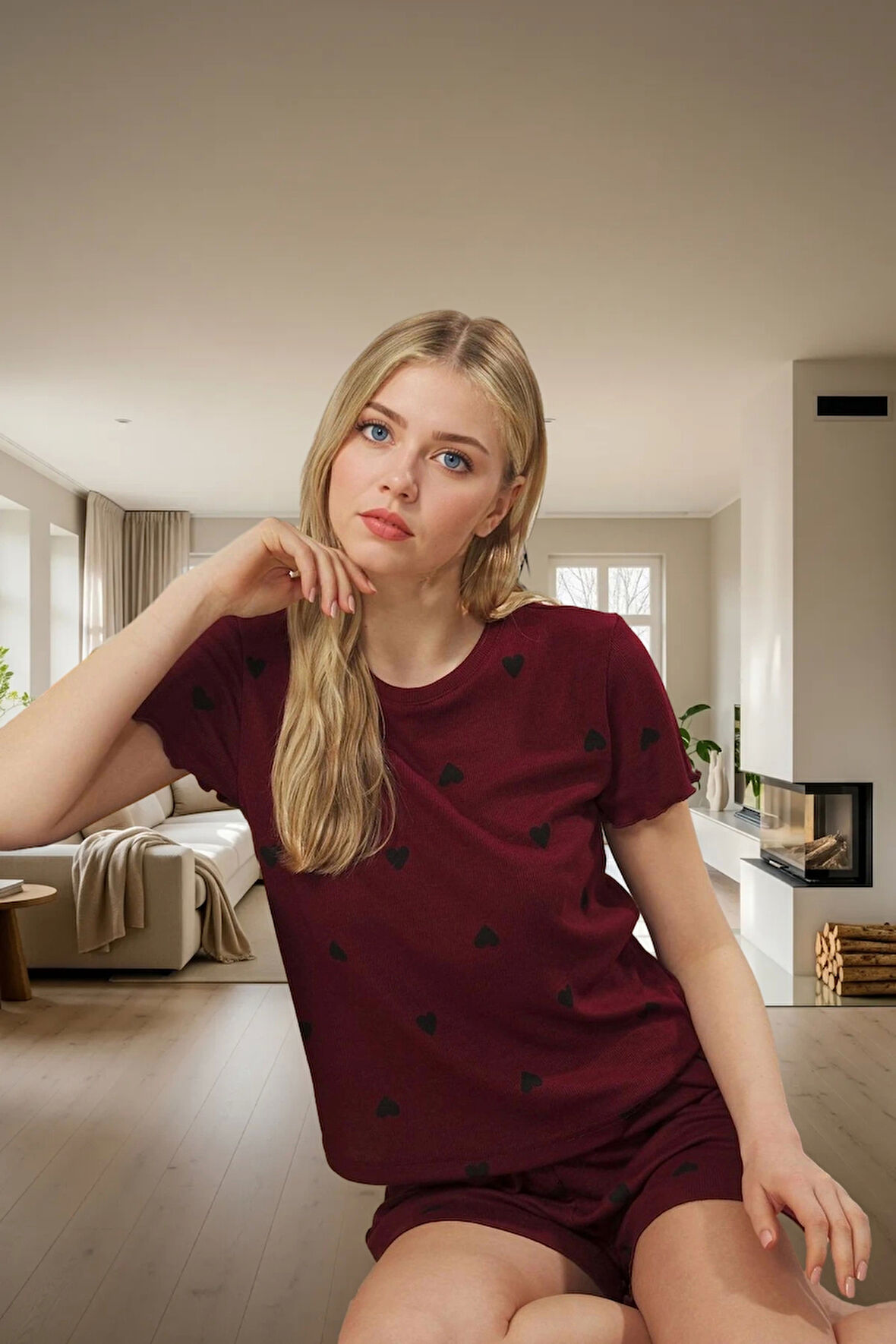 Kalpli Desenli Pijama Takımı Yumuşak Örme Kumaş Lastikli Şort 2'li Takım Premium Kalite