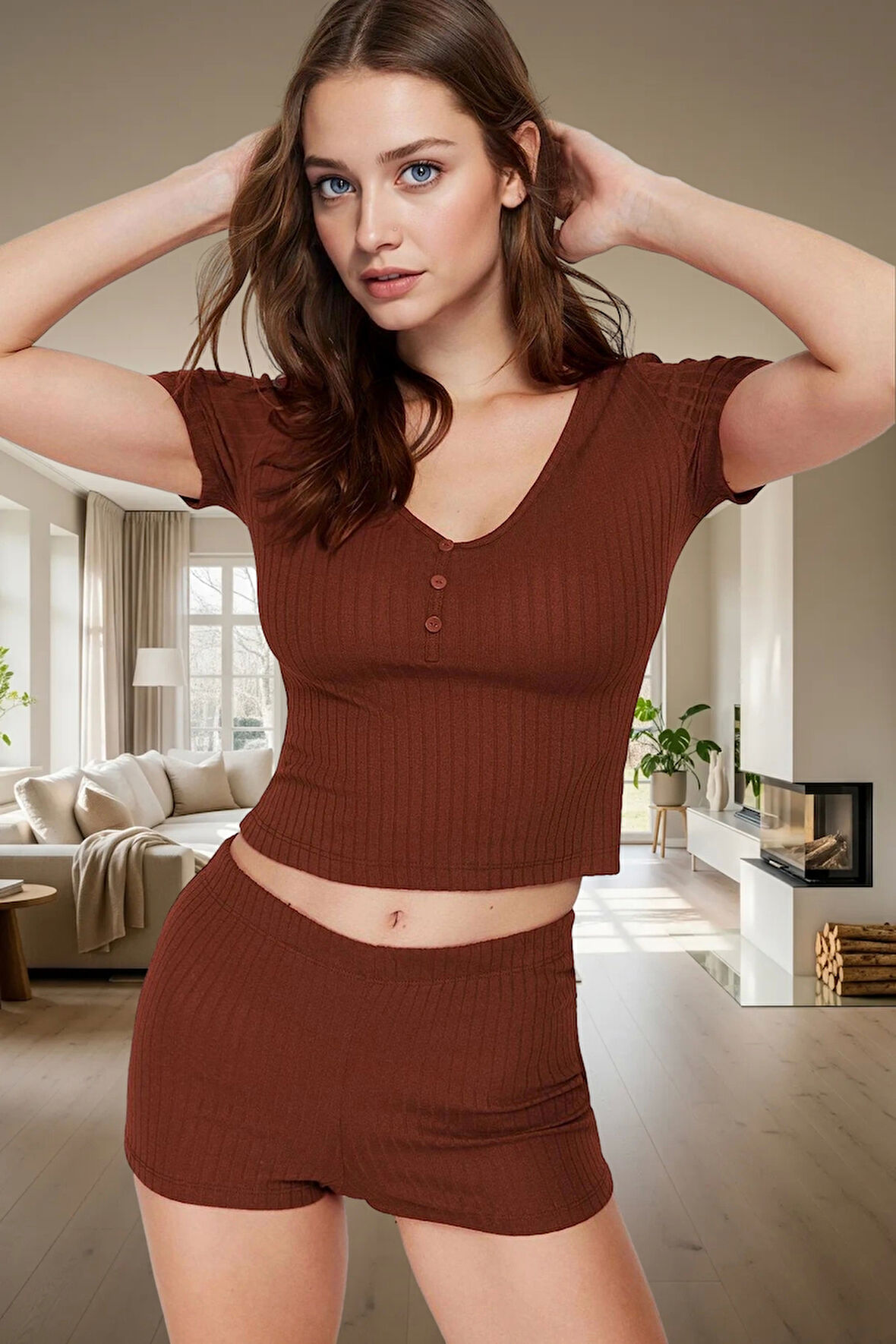 Rahat ve Şık Örme Pijama Takımı Pamuk Polyester Kısa Kollu Yaz Mevsimi Uzun Ömürlü