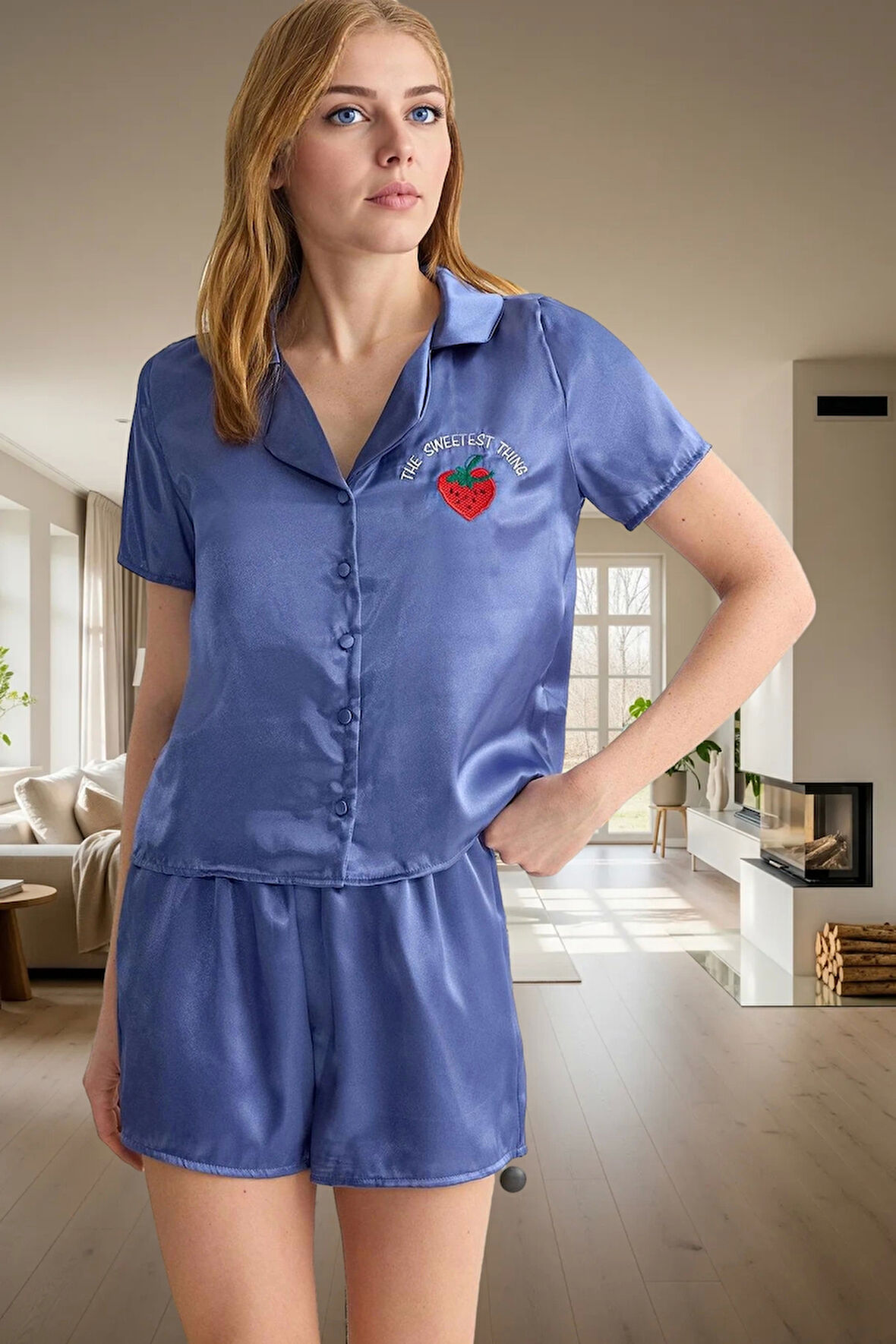 Dokuma Saten Pijama Takımı Çilek Nakış Regular Yazlık Mükemmel Uyum Kaliteli İşçilik