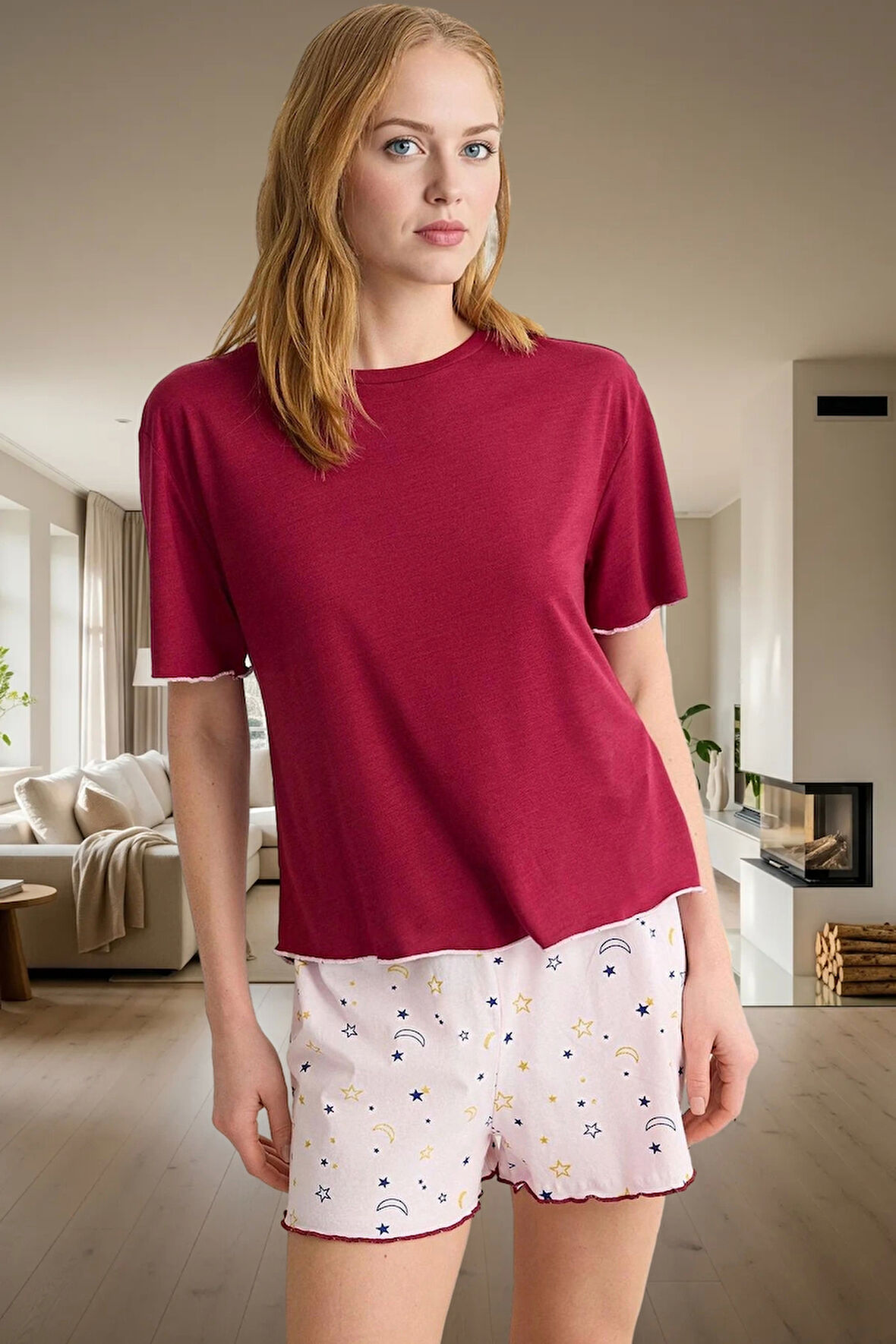 Yazlık Örme Pijama Takımı Galaksi Desenli Baby Overlok Detaylı Modern Stil Konforlu Kesim