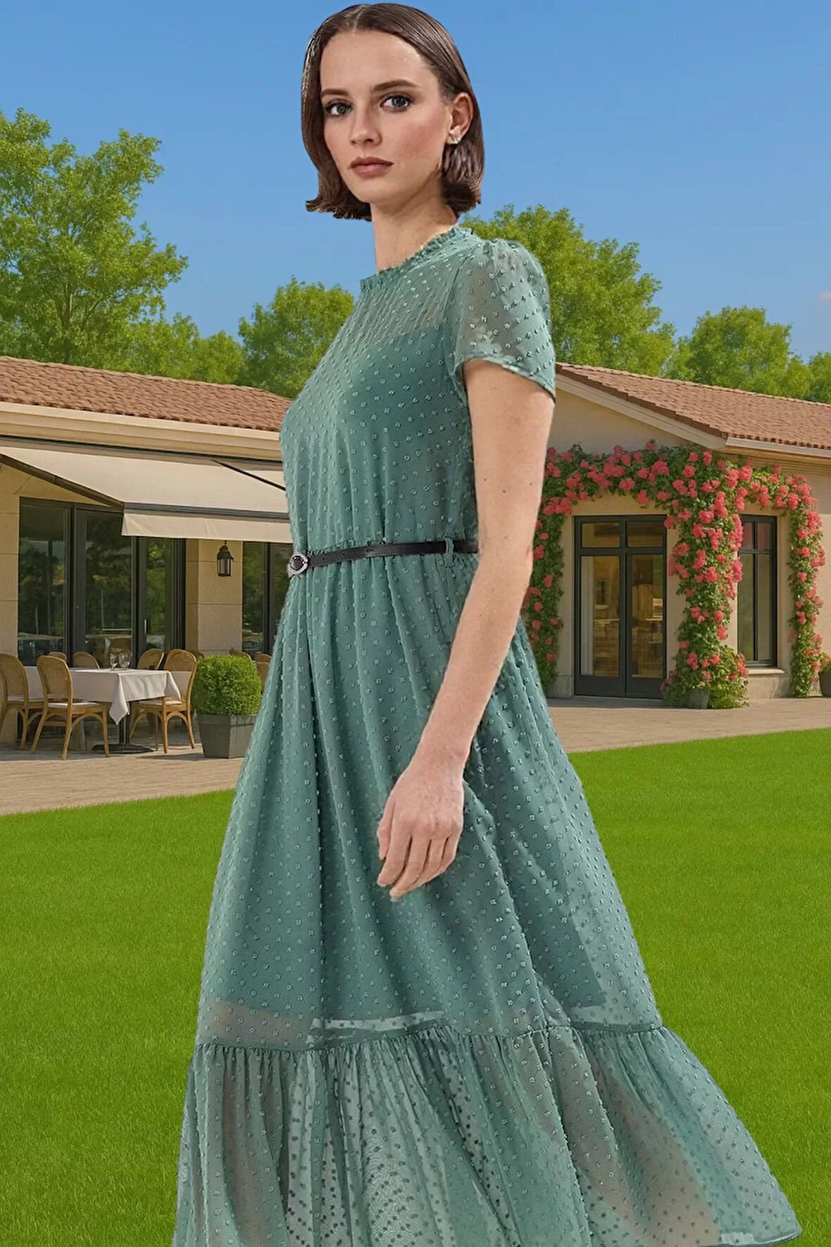 Kadın Yazlık Astarlı Kemerli Midi Elbise Şifon Kumaş A Kesim Modern Stil Trend Tasarım Özel Tasarım