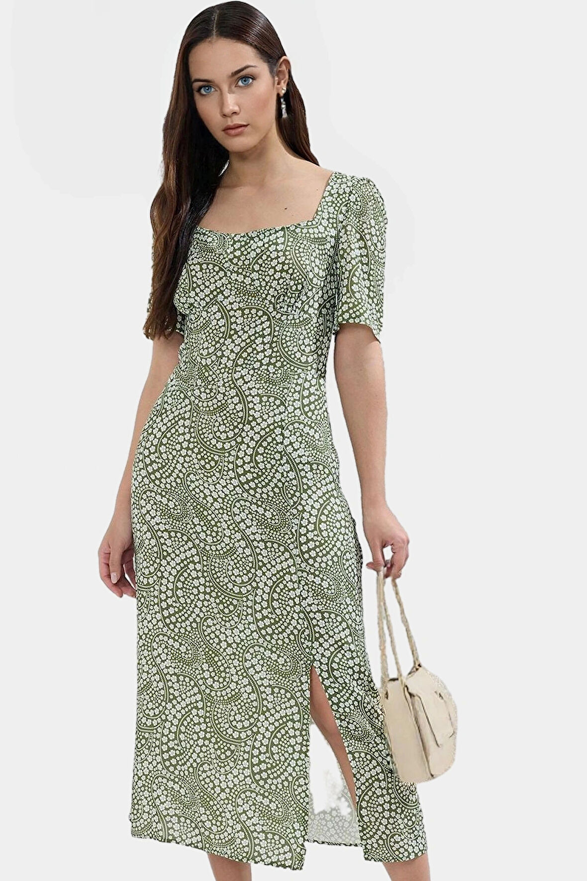 Rahat A Line Midi Elbise Puantiye Shally Dokuma Viskoz Kumaş Trend Tasarım Özel