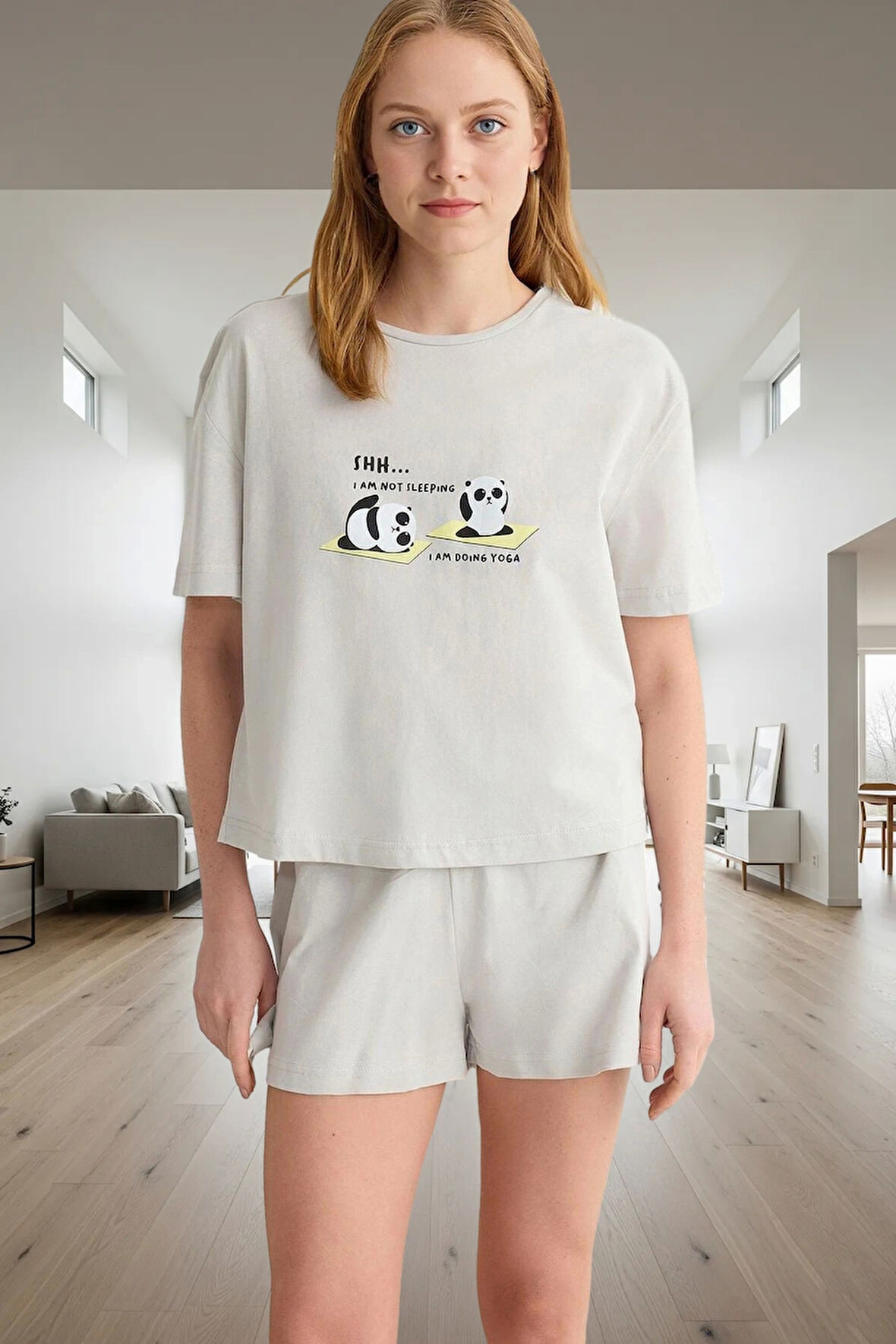 Rahat ve Şık Panda Baskılı 2'li Pijama Takımı Kısa Kollu Premium Kalite Dayanıklı Malzeme