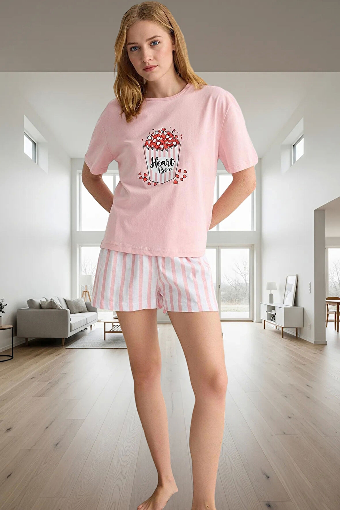 Rahat ve Şık Kadın Pijama Takımı Pamuklu Çizgili 2'li Set Yaz İçin İdeal Dayanıklı Malzeme