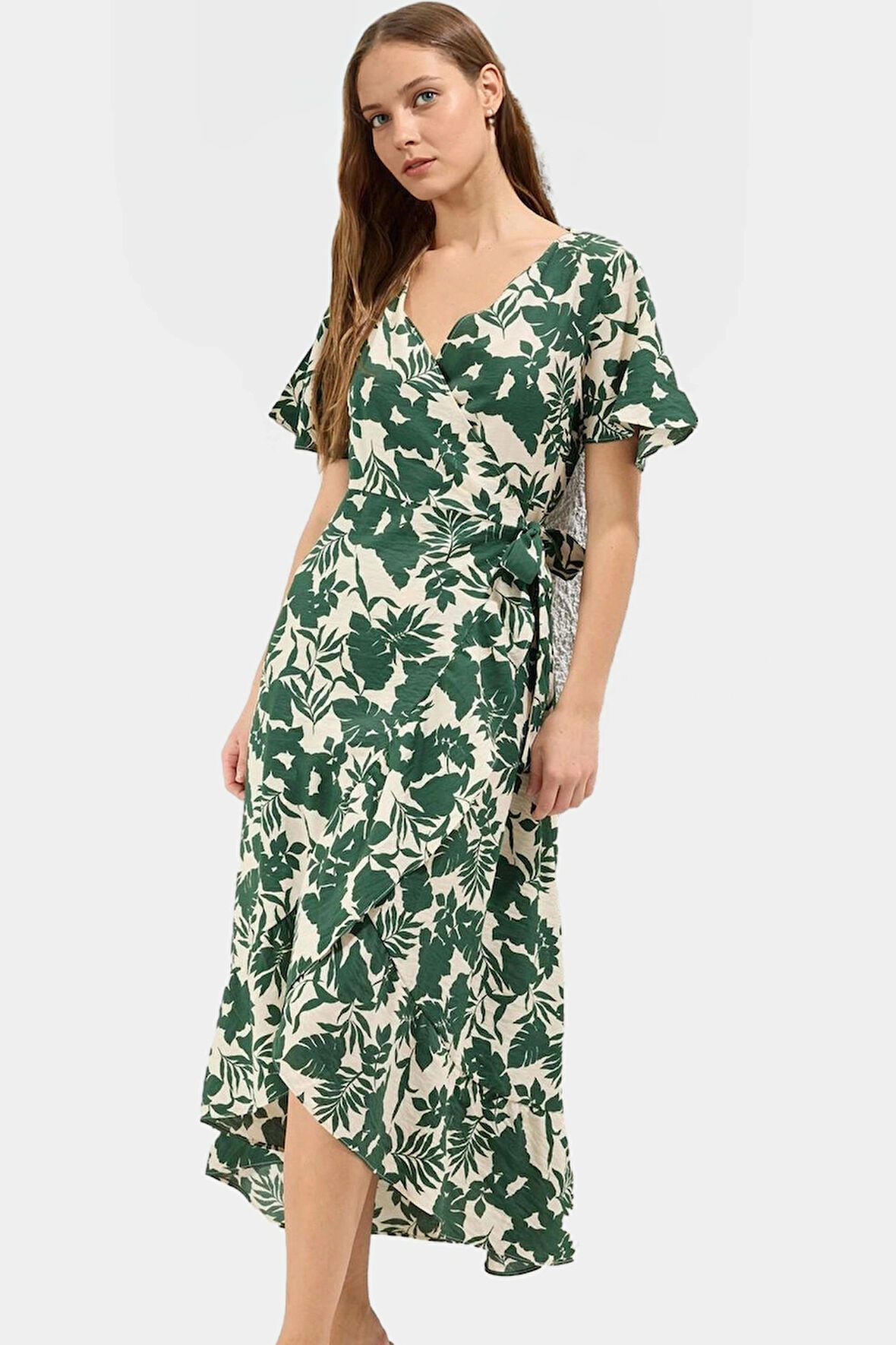 Viskoz Kumaşlı Kruvaze Midi Elbise Şal Desenli Kuşaklı ve Rahat Yüksek Kalite Kaliteli İşçilik