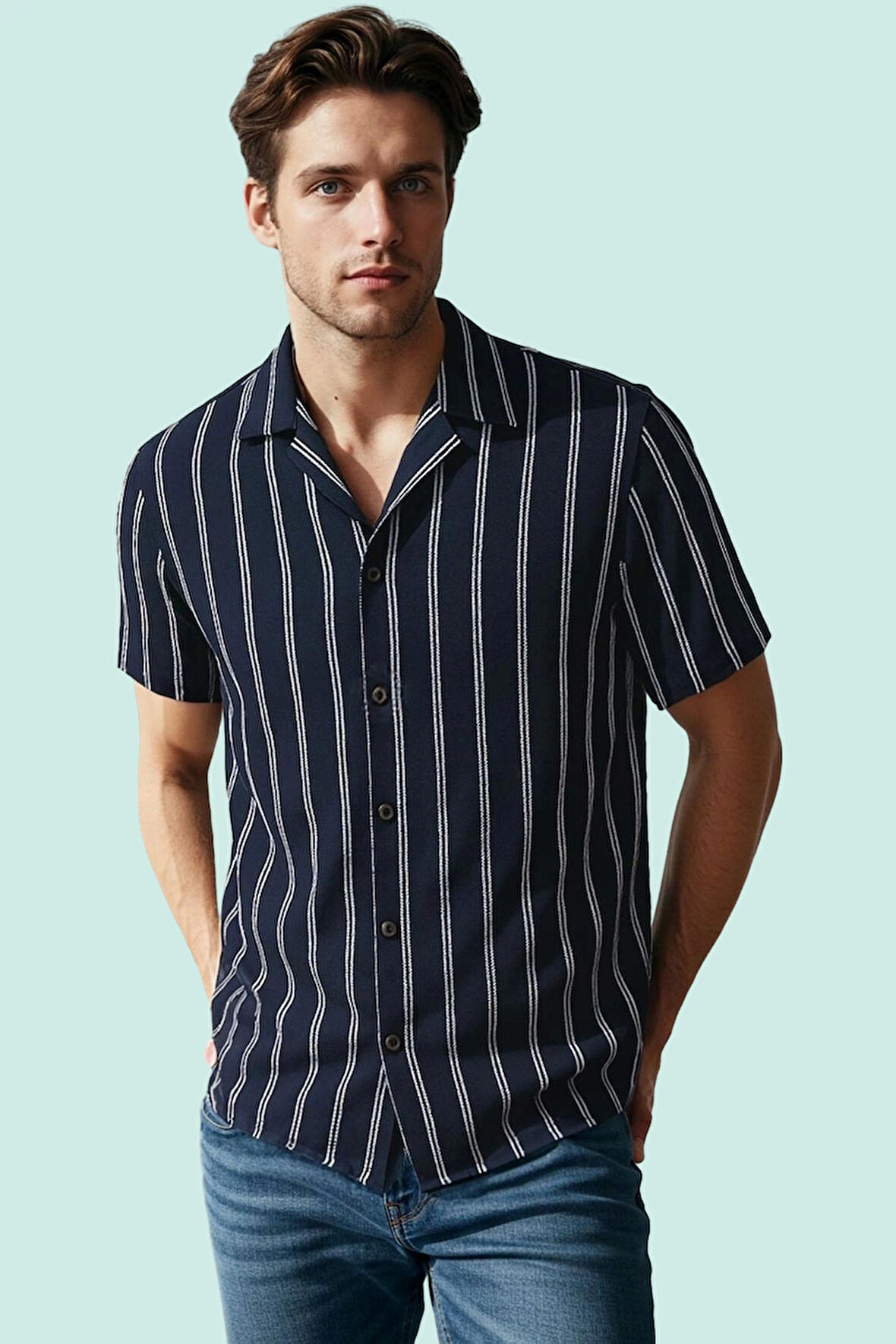 Erkek Şık ve Rahat Apaş Yaka Çizgili Kısa Kollu Gömlek Yazlık Bürümcük Dokuma Günlük Kullanım
